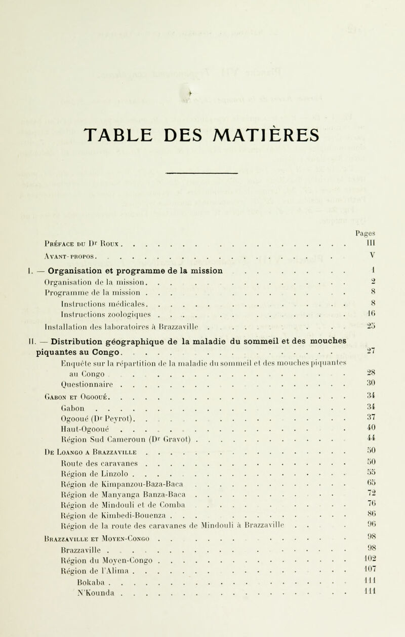TABLE DES MATIERES Préface du Dr Koux . Avant-PROPOS. — Organisation et programme de la mission Organisiilion de la mission. .... r'rogi'fiinuK;' de la mission ... Inslnictions médicales Instructions zoologii|nes .... Inslallation des laboratoires k lirazzaville . — Distribution géographique de la maladie du sommeil et des mouches piquantes au Congo. ... ... iMKliicle sur la répartition de la maladie du suiiiiiieil et des moiiclies [liiinaiilcs au Congo . ... (Juestionnaire . TiABON ET OgOOUÉ Gabon Ogooué (DiPeyrot). ..... Haut-Ogooué , Région Sud Cameroun (D'' Cravot) De Loango A Brazzaville Route des caravanes Région lie Linzolo .... Région de Kimpanzou-Raza-Baca Région de Manyanga Banza-Baea • • Région de Mindouli et de Comba .... . . . ■ • Région de Ivimbedi-Bouenza ... ... Région de la route des caravanes de Mindouli à Brazzaville . . Brazzaville et Move.v-Congo . . .... Brazzaville • Région du .Moyen-Congo Région de IWlima ... Bokaba .NKounda • • Pages m 1 2 8 8 Ui 34 3i 37 40 U 50 65 1-2 7(5 86 •J6 98 98 102 107 III 111