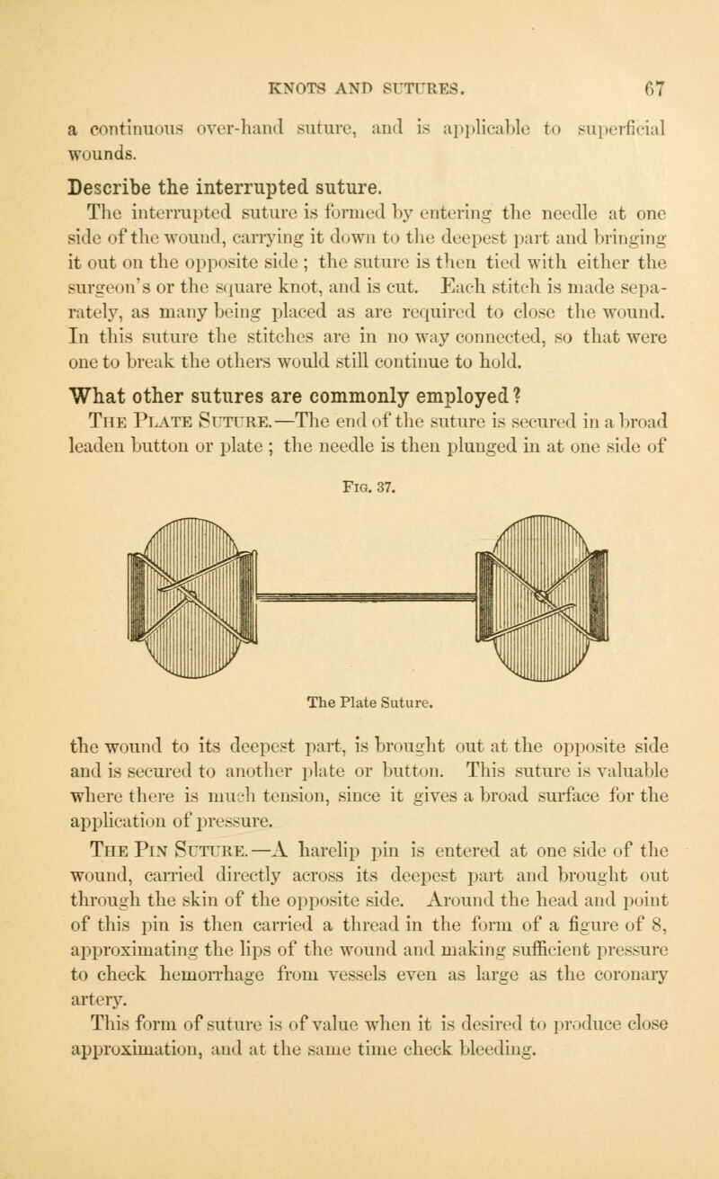 a continuous over-hand suture, and is applicable to superficial wounds. Describe the interrupted suture. The intermitted suture is formed by entering the needle at one side of the wound, carrying it down to the deepest part and bringing it out on the opposite side ; the suture is then tied with either the surgeon's or the square knot, and is cut. Each stitch is made sepa- rately, as many being placed as are required to close the wound. In tliis suture the stitches are in no way connected, so that were one to break the others would still continue to hold. What other sutures are commonly employed ? The Plate Suture.—The end of the suture is secured in abroad leaden button or plate ; the needle is then plunged in at one side of Fig. 37. The Plate Suture. the wound to its deepest part, is brought out at the opposite side and is secured to another plate or button. This suture is valuable where there is much tension, since it gives a broad surface for the application of pressure. The Pin Suture.—A harelip pin is entered at one side of the wound, carried directly across its deepest part and brought out through the skin of the opposite side. Around the head and point of this pin is then carried a thread in the form of a figure of 8, approximating the lips of the wound and making sufficient pressure to check hemorrhage from vessels even as large as the coronary artery. This form of suture is of value when it is desired to produce close approximation, and at the same time check bleeding.