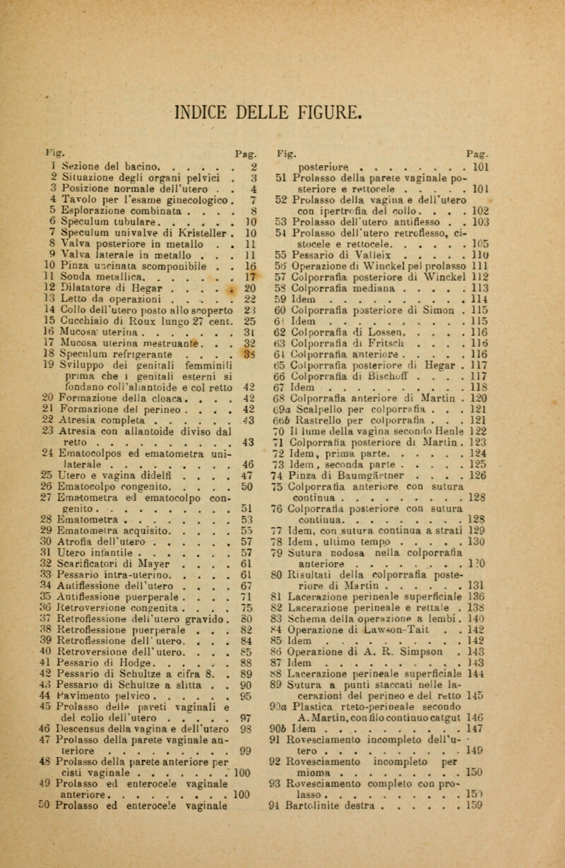 l'ig. Pag. 1 Sezione del bacino 2 2 Situazione degli organi pelvici . 3 3 Posizione normale dell'utero . . 4 4 Tavolo per l'esame ginecologico . 7 5 Esplorazione combinata .... 8 6 Speculura tubulare 10 7 Speculum univalve di Kristeller . 10 8 Valva posteriore in metallo . .11 9 Valva laterale in metallo ... 11 10 Pinza uncinata scomponibile . . 16 11 Sonda metallica 17 12 Dilatatore di Hegar 20 13 Letto da operazioni 22 14 Collo dell'utero posto allo scoperto 23 15 Cuccbiaio di Roux lungo 27 cent. 25 16 Mucosa-uterina . ...... 31 17 Mucosa uterina mestruante. . . 32 18 Speculum refrigerante . . . . 33 19 Sviluppo dei genirali femminili prima che ì genitali esterni si fondano coll'aLantoide e col retto 42 20 Formazione della cloaca. ... 42 21 Formazione del perineo .... 42 22 Atresia completa 43 23 Atresia con allantoide diviso dal retto 43 24 Ematocolpos ed ematometra uni- laterale 46 25 Utero e vagina didelfi .... 47 26 Ematocolpo congenito 50 27 Ema-tometra ed ematocolpo con- genito 51 28 Ematometra 53 29 Ematometra acquisito 55 30 Atrofia dell'utero 57 31 Utero infantile 57 32 Scarificatori di Mayer .... 61 3.3 Pessario intra-utenno 61 34 Autiflessione dell'utero .... 67 35 Antiflessione puerperale .... 71 36 Retroversione congenita .... 75 37 Retroflessione dell'utero gravido. 80 38 Retroflessione puerperale ... 82 39 Retroflessione dell'utero. ... 84 40 Retroversione dell'utero. . . . b5 41 Pessario di Hodge 88 42 Pessario di Schultze a cifra 8. . 89 43 Pessario di Schultze a slitta . . 90 44 Pavimento pelvico 95 45 Prolasso delle pareti vaginali e del colio dell'utero 97 46 Descensus della vagina e dell'utero 93 47 Prolasso della parete vaginale an- teriore 99 48 Prolasso della parete anteriore per cisti vaginale 100 49 Prolasso ed enteroce'.e vaginale anteriore 100 50 Prolasso ed enterocele vaginale Fig. Pag. posteriore 101 51 Prolasso della parete vaginale po- steriore e rettocele 101 52 Prolasso della vagina e dell'utero con ipertrofia del collo. . . . 102 53 Prolasso dell'utero antiflesso . . 103 54 Prolasso dell'utero retroflesso, ci- stocele e rettocele 105 55 Pessario di Valleix Ilo 5ò Operazione di Winckel pel prolasso 111 57 Colporrafia posteriore di Winckel 112 58 Colporrafia mediana 113 59 Idem . ... 114 60 Colporrafia posteriore di Simon . 115 6 Idem 115 62 Colporrafia di Lossen 116 63 Colporrafia di Fritsch . . . .116 61 Colporrafia anteriore 116 65 Colporrafia posteriore di Hegar . 117 66 Colporrafia di Bischoff . . . .117 67 Idem 118 68 Colporrafia anteriore di Martin . 120 C9a Scalpello per colporrafia . . . 121 6tìò Rastrello per colporrafia . . . 121 70 II lume della vagina secondo Henle 122 71 Colporrafia posteriore di Martin. 123 72 Idem, prima parte 124 73 Idem, seconda parte 125 74 Pinza di Paumgartner .... 126 75 Colporrafia anteriore con sutura continua 128 76 Colporrafia posteriore con sutura continua 128 77 Idem, con sutura continua a strati 129 78 Idem , ultimo tempo 130 79 Sutura nodosa nella colporrafia anteriore 1 ;0 80 Risultati della colporrafia poste- riore di Martin 131 81 Lacerazione perineale superficiale 136 82 Lacerazione perineale e rettale . 138 83 Schema della operazione a lembi. 140 <v4 Operazione di Lawson- Tait . .142 85 Idem 142 86 Operazione di A. R. Simpson . 143 87 Idem , . )-l3 £8 Lacerazione perineale superficiale 144 89 Sutura a punti staccati nelle la- cerazioni del perineo e del retto 145 93a Plastica rteto-perineale secondo A. Martin, con filo continuo catgut 146 906 Ilem . . 147 91 Rovesciamento incompleto dell'u- • tero 149 92 Rovesciamento incompleto per mioma 150 93 Rovesciamento completo con pro- lasso 15» 91 Bartolinite destra 159
