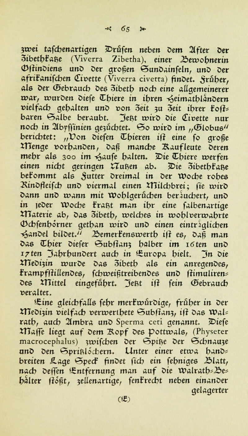 yaoti tafcbenartigen sDruferx nebert Dem 2lfter Der 3ibetb£aße (Viverra Zibetha), einer .Setvobnerin (DffinDiens unD Der großen ©unDainfeln, unD Der afrifanifcben (Tioette (Viverra civetta) fwDet. gröber, als Der (Bebraucb Des 3ibetb noch eine allgemeinerer «rar, tvurDen Diefe Cbiere in ihren -^eimatblönDern vielfach gebalten unD von 3eit 3U Seit ibrer t'ofr* baren Salbe beraubt. 3eM voirö oie (Zivette nur noch in 2lbyffinien gejücbtet. 60 tvirD im „(Biobus berichtet: „Von Diefen Cbieren ifi eine fo große XTJenge vorbanDen, Daß manche Äaufleute Deren mehr als 300 im -^aufe halten. £>ie Clnere werfen einen nicht geringen XJaP,en ab. £>te 3ibetbt'a$e bet'ommt als S<*tter Dreimal in Der Woche rohes XinDfleifcb unD viermal einen STIilcbbrei; fie tvirD oann unD rvann mit Woblgerucben bewuchert, unD in ieDer Woche fraßt man ibr eine falbenartige JTIaterie ab, Das 3ibetb, rvelcbe6 in tvobl»ertvabrte 0chfenbörner getban ivirD unD einen einträglichen -^anDel bilDet.y/ 2>emert'ensivertb i|t es, Daß man oas Cbier Diefer ©ubffanj halber im löten unD i^ten 3abrbunDert auch in '-Europa hielt. ~$n oie JTJeDijin rvurDe Das 3ibetb als ein anregenDes, frampfffißenDes, fcbrveißtreibenDes unD ftimuliren« oe& JTJittel eingeführt. 3eßt i(? fein (Bebrauch veraltet. *üne gleichfalls febr mert'teurDige, früher in Der JTIeDijin vielfach »ertvertbete »Subftan?, iff Das Wal« ratb, auch 2lmbra unD Sperma ceti genannt. JDtefe Waffe liegt auf oem Bopf Des potttvals, (Physeter macrocephalus) ^tvifcben Der &pit>e Der Schnauje anO Den ßpriftlöcbern. Unter einer etrva banD= breiten Ä.age *3pecf ftnDet fich ein febniges J&latt, nach Deffen »Entfernung man auf oie Walratb«2>es balter (roßt, jeüenartige, fent'recht neben einanDer gelagerter cm