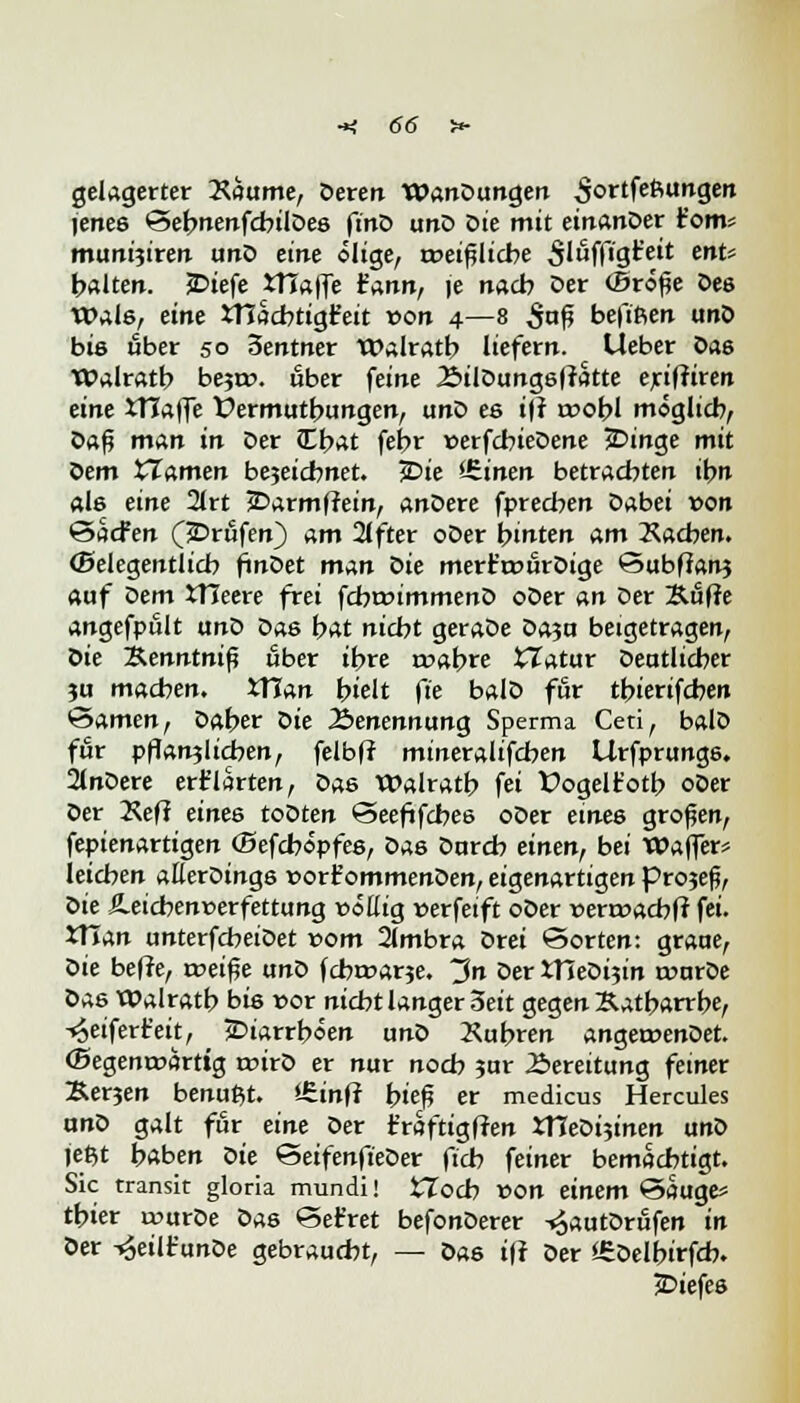 gelagerter ~Raumt, Deren WanDungen ^ortfeftungen feneö ©ebnenfcbilDes finD unD Die mit einanöer t'om« muni?iren unD eine ölige, weibliche Slfifligfett tnU galtet». jDiefe 5TJa|fe tann, je nacb Der ©röße Des tt>als, eine tTfacbtigfeit von 4—8 $n$ befifien unD bis ober 50 3entner Walratb liefern. Ueber Das Walratb bejt». ober feine ÄilDungsffatte eriffiren eine XTCaffe Üermutbungen, unD es i|r roobl möglich, oa$ man in Der (Chat febr verfcbieDene iDirrge mit oem ^Tarnen bezeichnet. 3£>ie i£inen betrachten ibn als eine 2lrt jDarmffein, anDere fprecben Dabei von ©acfen (JDrufen) am 2lfter oDer hinten am dachen, ©eigentlich finDet man Die mert'rourDige ©ubffanz auf oem XTTeere frei fcfaroimmenD oDer an Der Äuffe angefpult unD Das hat nicht geraDe Da?a beigetragen, Die ~B.enntni$ über ihre rcabre £Tatur Deutlicher 3u machen. 5TIan hielt fte balD für tbierifeben ©amen, Daher Die Benennung Sperma Ceti, balD für pflanzlichen, felbff mineralifchen Urfprungs. 2lnDere ert'larten, Das Walrath fei Üogelfc'otb oDer Der Xeff eines toDten ©eefifebes oDer eines großen, fepienartigen ©efeböpfes, Das Darch einen, bei Waffer* leichen aÜerDings voxiommenoen, eigenartigen projeß, Die £eicbenr>erfettung völlig verfeift oDer »erroaebff fei. JTian unterfcheiDet vom 2lmbra Drei ©orten: grane, oie beffe, roeiße unD febroarje. 3n Der tHeDijin wurDe Das Walratb bis vor nicht langer Seit gegen Xatbarrbe, -«£eiferr'eit, _ ^Diarrhöen unD Rubren angeroenDet. ©egenroarttg rtnrD er nur noch jur Bereitung feiner Xerjen benutzt, <-£inff hieß er medicus Hercules unD galt für eine Der t'rsftigffen JTIeDtjinen unD jefct h«ben oie ©eifenfieDer fich feiner bemächtigt. Sic transit gloria mundi! £Tocb »on einem ©äuge* tbier rourDe Das ©et'ret befonDerer -^autDrufen in Der ^eilfunDe gebraucht, — Das iff Der <£Delbirfcb. tiefes