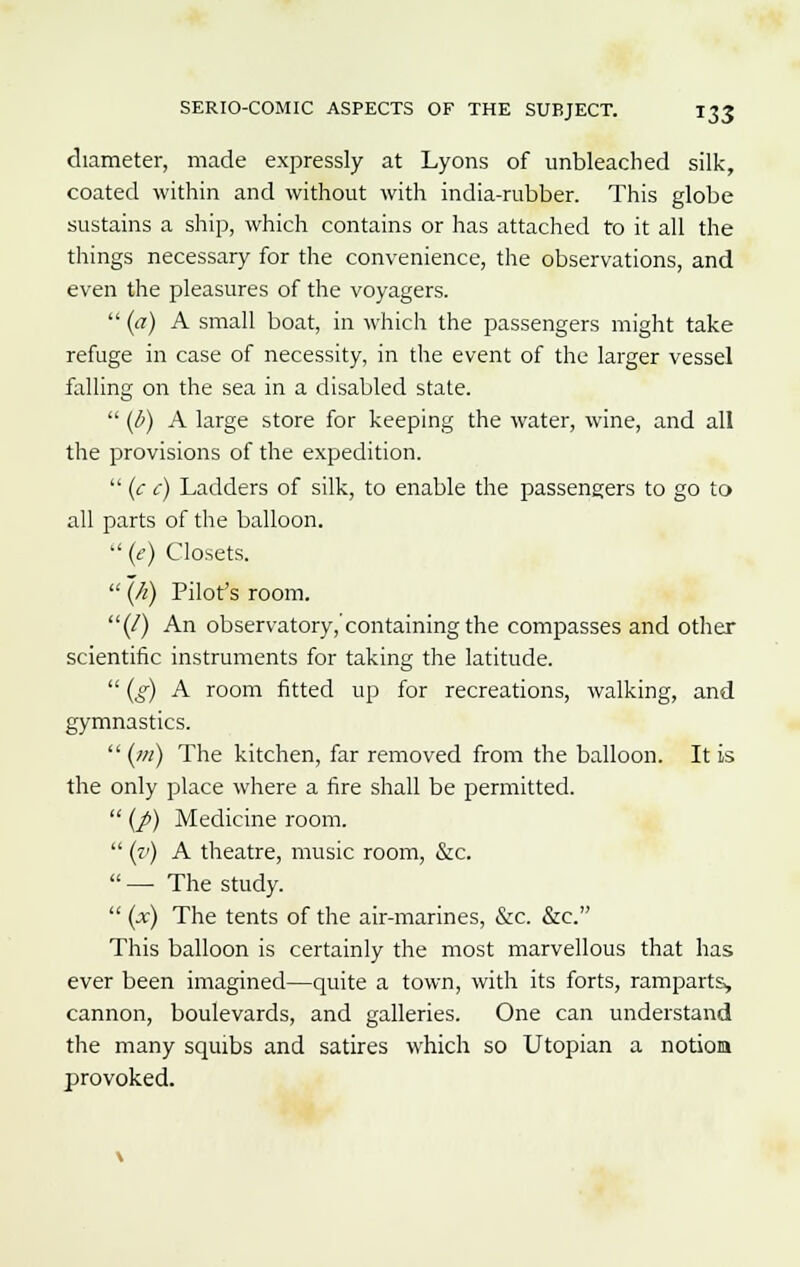 diameter, made expressly at Lyons of unbleached silk, coated within and without with india-rubber. This globe sustains a ship, which contains or has attached to it all the things necessary for the convenience, the observations, and even the pleasures of the voyagers.  (a) A small boat, in which the passengers might take refuge in case of necessity, in the event of the larger vessel falling on the sea in a disabled state.  (b) A large store for keeping the water, wine, and all the provisions of the expedition.  (c c) Ladders of silk, to enable the passengers to go to all parts of the balloon.  (e) Closets.  (h) Pilot's room. (/) An observatory,'containing the compasses and other scientific instruments for taking the latitude.  (g) A room fitted up for recreations, walking, and gymnastics.  (/«) The kitchen, far removed from the balloon. It is the only place where a fire shall be permitted.  (p) Medicine room.  (v) A theatre, music room, &c. — The study.  (x) The tents of the air-marines, &c. &c. This balloon is certainly the most marvellous that has ever been imagined—quite a town, with its forts, ramparts, cannon, boulevards, and galleries. One can understand the many squibs and satires which so Utopian a notion provoked.