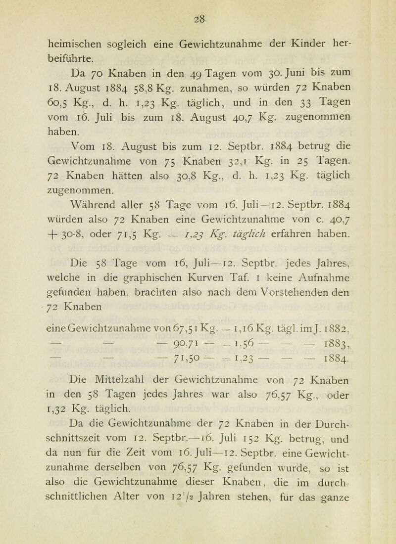 heimischen sogleich eine Gewichtzunahme der Kinder her- beiführte. Da 70 Knaben in den 49 Tagen vom 30. Juni bis zum 18. August 1884 58,8 Kg. zunahmen, so würden 72 Knaben 60,5 Kg., d. h. 1,23 Kg. täghch, und in den 33 Tagen vom 16. JuH bis zum 18. August 40,7 Kg. zugenommen haben. Vom 18. August bis zum 12. Septbr. 1884 betrug die Gewichtzunahme von 75 Knaben 32.1 Kg. in 25 Tagen. 72 Knaben hätten also 30,8 Kg., d. h. 1,23 Kg. täglich zugenommen. Während aller 58 Tage vom 16. Juli- 12. Septbr. 1884 würden also 72 Knaben eine Gewichtzunahme von c. 40,7 4-308, oder 71,5 Kg. - i.2j Kg: täglich erfahren haben. Die 58 Tage vom 16, Juli—12. Septbr. jedes Jahres, welche in die graphischen Kurven Taf i keine Aufnahme gefunden haben, brachten also nach dem Vorstehenden den 72 Knaben eine Gewichtzunahme von 67,51 Kg. -- 1,16 Kg. tägl.imj. 1882, — — — 90.71 -- - 1-56 — — — 1883, — — — 7i>50— - 1,23— — — 1884. Die Mittelzahl der Gewichtzunahme von 72 Knaben in den 58 Tagen jedes Jahres war also 76.57 Kg., oder 1,32 Kg. täglich. Da die Gewichtzunahme der 72 Knaben in der Durch- schnittszeit vom 12. Septbr.—16. Juli 152 Kg. betrug, und da nun für die Zeit vom 16. Juli—12. Septbr. eine Gewicht- zunahme derselben von 76,57 Kg. gefunden wurde, so ist also die Gewichtzunahme dieser Knaben, die im durch- schnittlichen Alter von 1272 Jahren stehen, für das ganze