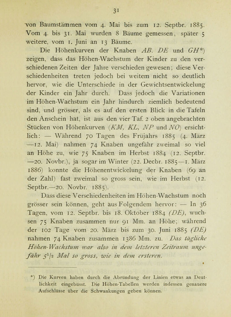 ■von Baumstämmen vom 4. Mai bis zum 12. Septbr. 1885. Vom 4. bis 31. Mai wurden 8 Bäume gemessen, später 5 weitere, vom i. Juni an 13 Bäume. Die Höhenkurven der Knaben AB. DE und GH*) zeigen, dass das Höhen-Wachstum der Kinder zu den ver- schiedenen Zeiten der Jahre verschieden gewesen; diese Ver- schiedenheiten treten jedoch bei weitem nicht so deutlich hervor, wie die Unterschiede in der Gewichtsentwickelung der Kinder ein Jahr durch. Dass jedoch die Variationen im Höhen-Wachstum ein Jahr hindurch ziemlich bedeutend sind, und grösser, als es auf den ersten Blick in die Tafeln den Anschein hat, ist aus den vier Taf. 2 oben angebrachten Stücken von Höhenkurven {KM. KL, NF und NO) ersicht- lich: — Während 70 Tagen des Früjahrs 1885 (4. März —12. Mai) nahmen 74 Knaben ungefähr zweimal so viel an Höhe zu, wie 75 Knaben im Herbst 1884 (12. Septbr. —20. Novbr.), ja sogar im Winter (22. Decbr. 1885—i. März 1886) konnte die Höhenentwickelung der Knaben (6g an der Zahl) fast zweimal so gross sein, wie im Herbst (12. Septbr.—20. Novbr. 1885). Dass diese Verschiedenheiten im Höhen-Wachstum noch grösser sein können, geht aus Folgendem hervor: — In 36 Tagen, vom 12. Septbr. bis 18. Oktober 1884 (DE), wuch- sen 75 Knaben zusammen nur 91 Mm. an Höhe; während der 102 Tage vom 20. März bis zum 30. Juni 1885 (DE) nahmen 74 Knaben zusammen 1386 Mm. zu. Das tägliche Höhen-Wachstum ivar also in dem letzteren Zeitraum unge- fähr 5'/2 Mal so gross, zvie in dem er st eren. *) Die Kurven haben durch die Abründung der Linien etwas an Deut- lichkeit eingebüsst. Die Höhen-Tabellen werden indessen genauere Aufschlüsse über die Schwankungen geben können.