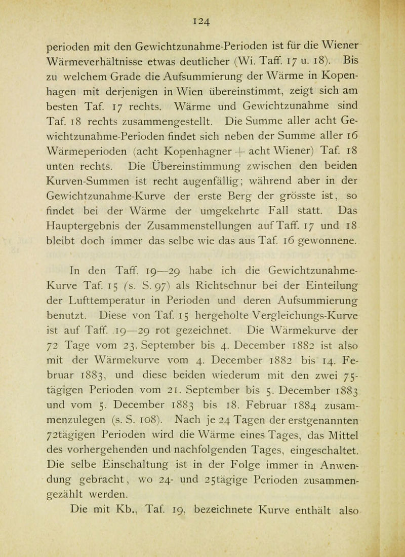 Perioden mit den Gewichtzunahme-Perioden ist für die Wiener Wärmeverhältnisse etwas deutlicher (Wi. Taff. 17 u. 18). Bis zu welchem Grade die Aufsummierung der Wärme in Kopen- hagen mit derjenigen in Wien übereinstimmt, zeigt sich am besten Taf. 17 rechts. Wärme und Gewichtzunahme sind Taf. 18 rechts zusammengestellt. Die Summe aller acht Ge- wichtzunahme-Perioden findet sich neben der Summe aller 16 Wärmeperioden (acht Kopenhagner-f-acht Wiener) Taf. 18 unten rechts. Die Übereinstimmung zwischen den beiden Kurven-Summen ist recht augenfällig; während aber in der Gewichtzunahme-Kurve der erste Berg der grösste ist, so findet bei der Wärme der umgekehrte Fall statt. Das Hauptergebnis der Zusammenstellungen aufTafi. 17 und 18 bleibt doch immer das selbe wie das aus Taf 16 gewonnene. In den TalT. 19—29 habe ich die Gewichtzunahme- Kurve Taf 15 (s. S. 97) als Richtschnur bei der Einteilung der Lufttemperatur in Perioden und deren Aufsummierung benutzt. Diese von Taf 15 hergeholte Vergleichungs-Kurve ist auf Taff. 19—29 rot gezeichnet. Die Wärmekurve der 72 Tage vom 23. September bis 4. December 1882 ist also mit der Wärmekurve vom 4. December 1882 bis 14. Fe- bruar 1883, und diese beiden wiederum mit den zwei 75- tägigen Perioden vom 21. September bis 5. December 1883 und vom 5. December 1883 bis 18. Februar 1884 zusam- menzulegen (s.S. 108). Nach je 24 Tagen der erstgenannten 72tägigen Perioden wird die Wärme eines Tages, das Mittel des vorhergehenden und nachfolgenden Tages, eingeschaltet. Die selbe Einschaltung ist in der Folge immer in Anwen- dung gebracht, wo 24- und 25tägige Perioden zusammen- gezählt werden. Die mit Kb., Taf 19, bezeichnete Kurve enthält also