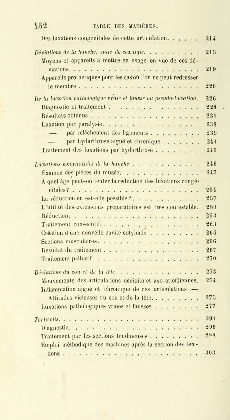 Des luxations congénitales de celte articulation 2<4 Dévialionfi do la Itanche, suite de coxalgie 215 Moyens et appareils à mettre en usage en vue de ces dé- viations 219 Appareils prolhéliques pour les cas où l'on ne peut redresser le membre 226 De la luxation pathologique vraie et (ausse ou pseudo-luxation. 226 Diagnostic et traitement , 228 Résultats obtenus 234 Luxation par paralysie 238 — par relâchement des ligaments 239 — par bydarthrose aiguë et chronique 241 Traitement des luxations par hydarthrose 246 Luxations congénilales de la hanche 246 Examen des pièces du musée 247 A quel âge peut-on tenter la réduction des luxations congé- nilales? 254 La réduction en est-elle possible? 257 L'utilité des extensions préparatoires est très contestable. 259 Réduction 263 Traitement consécutif 263 Création d'une nouvelle cavité cotyloïde 265 Sections musculaires 266 Résultat du traitement 267 Traitement palliatif ., 270 Déviations du cou et de lu tCle 273 Mouvements des articulations occipito et axo-atloïdiennes. 274 Intlammation aiguë et chronique de ces articulations. — Attitudes vicieuses du cou et de la tête 275 Luxations pathologiques vraies et fausses 277 Torticolis 291 Diagnostic 296 Traitement par les sections tendineuses 298 Emploi méthodique des machines après la section des ten- dons 303