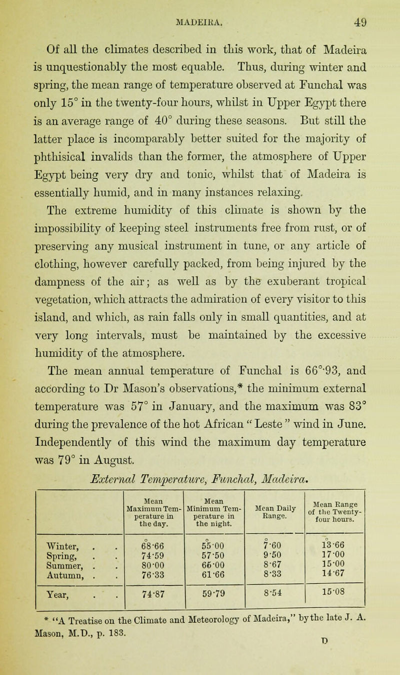 Of all the climates described in this work, that of Madeira is unquestionably the most equable. Thus, during winter and spring, the mean range of temperature observed at Funchal was only 15° in the twenty-four hours, whilst in Upper Egypt there is an average range of 40° during these seasons. But still the latter place is incomparably better suited for the majority of phthisical invalids than the former, the atmosphere of Upper Egypt being very dry and tonic, whilst that of Madeira is essentially humid, and in many instances relaxing. The extreme humidity of this climate is shown by the impossibility of keeping steel instruments free from rust, or of preserving any musical instrument in tune, or any article of clothing, however carefully packed, from being injured by the dampness of the air; as well as by the exuberant tropical vegetation, which attracts the admiration of every visitor to this island, and which, as rain falls only in small quantities, and at very long intervals, must be maintained by the excessive humidity of the atmosphere. The mean annual temperature of Funchal is 66°-93, and according to Dr Mason's observations,* the minimum external temperature was 57° in January, and the maximum was 83° during the prevalence of the hot African  Leste  wind in June. Independently of this wind the maximum day temperature was 79° in August. External Temperature, Funclud, Madeira. Mean Maximum Tem- perature in the day. Mean Minimum Tem- perature in the night. Mean Daily Range. Mean Range of the Twenty- four hours. Winter, Spring, Summer, . Autumn, . 68-66 74-59 80-00 76-33 55-00 57-50 66-00 61-66 7-60 9-50 8-67 8-33 13-66 17-00 15-00 14-67 Year, 74-87 59-79 8-54 15-08 * A Treatise on the Climate and Meteorology of Madeira, by the late J. A. Mason, M.D., p. 183. V