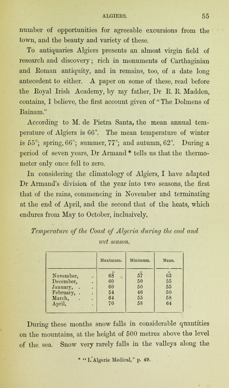 number of opportunities for agreeable excursions from the town, and the beauty and variety of these. To antiquaries Algiers presents an almost virgin field of research and discovery; rich in monuments of Carthaginian and Eoman antiquity, and in remains, too, of a date long- antecedent to either. A paper on some of these, read before the Eoyal Irish Academy, by my father, Dr E. E. Madden, contains, I believe, the first account given of  The Dolmens of Bainam. According to M. de Pietra Santa, the mean annual tem- perature of Algiers is 66°. The mean temperature of winter is f>5°; spring, 66°; summer, 77°; and autumn, 62°. During a period of seven years, Dr Armand * tells us that the thermo- meter only once fell to zero. In considering the climatology of Algiers, I have adapted Dr Armand's division of the year into two seasons, the first that of the rains, commencing in November and terminating at the end of April, and the second that of the heats, which endures from May to October, inclusively. Temperature of the Coast of Algeria dtcring the cool and wet season. Maximum. Minimum. Mean. November, 0 68 57 c 63 December, 60 50 55 January, . 60 50 55 February, . March, 54 64 46 55 50 58 April, 70 58 64 During these months snow falls in considerable quantities on the mountains, at the height of 500 metres above the level of the sea. Snow very rarely falls in the valleys along the 1 i/Algerie Medical, p. 49.