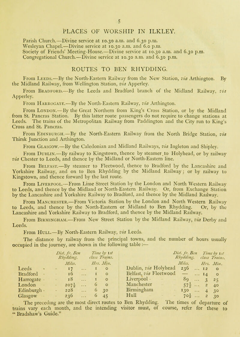 PLACES OF WORSHIP IN ILKLEY. Parish Church.—Divine service at 10.30 a.m. and 6.30 p.m. Wesleyan Chapel.—Divine service at 10.30 a.m. and 6.0 p.m. Society of Friends' Meeting-House.—Divine service at 10.30 a.m. and 6.30 p.m. Congregational Church.—Divine service at 10.30 a.m. and 6.30 p.m. ROUTES TO BEN RHYDDING. From Leeds.—By the North-Fastern Railway from the New Station, via Arthington. By the Midland Railway, from Wellington Station, via Apperley. From Bradford.—By the Leeds and Bradford branch of the Midland Railway, via Apperley. From Harrogate.—By the North-Eastern Railway, via Arthington. From London.—By the Great Northern from King's Cross Station, or by the Midland from St. Pancras Station. By this latter route passengers do not require to change stations at Leeds. The trains of the Metropolitan Railway from Paddington and the City run to King's Cross and St. Pancras. From Edinburgh.—By the North-Eastern Railway from the North Bridge Station, via Thirsk Junction and Arthington. From Glasgow.—By the Caledonian and Midland Railways, via Ingleton and Shipley. From Duiilin.—By railway to Kingstown, thence by steamer,to Holyhead, or by railway via Chester to Leeds, and thence by the Midland or North-Eastern line. From Belfast.—By steamer to Fleetwood, thence to Bradford by the Lancashire and Yorkshire Railway, and on to Ben Rhydding by the Midland Railway ; or by railway to Kingstown, and thence forward by the last route. From Liverpool.—From Lime Street Station by the London and North Western Railway to Leeds, and thence by the Midland or North-Eastern Railway. Or, from Exchange Station by the Lancashire and Yorkshire Railway to Bradford, and thence by the Midland Railway. From Manchester.—From Victoria Station by the London and North Western Railway to Leeds, and thence by the North-Eastern or Midland to Ben Rhydding. Or, by the Lancashire and Yorkshire Railway to Bradford, and thence by the Midland Railway. From Birmingham.—From New Street Station by the Midland Railway, via Derby and Leeds. From Hull.—By North-Eastern Railway, via Leeds. The distance by railway from the principal towns, and the number of hours usually occupied in the journey, are shown in the following table :— Dist. Jr. Ten Time by 1st Dist. Jr. Bat Time by ut Rhydding. class Trains. Rhydding. class Trains. Miles. ffrs. Min. Miles. His. Mm. Leeds 17 1 0 Dublin, via Holyhead 236 .. .12 0 Bradford 16 .. 1 0 Belfast, via Fleetw ood — . 14 0 Harrogate 18 1 0 Liverpool 89 .. 3 25 London 207A 6 0 Manchester 57} ■■ . 2 40 Edinburgh - 228 .. 6 30 Birminghan: 1 130 .. • 4 3° Glasgow 236 6 45 Hull 7°2' •• • 2 30 The preceding are the most direct routes to Ben Rhydding. The times of departure of trains vary each month, and the intending visitor must, of course, refer for these to  Bradshaw's Guide.