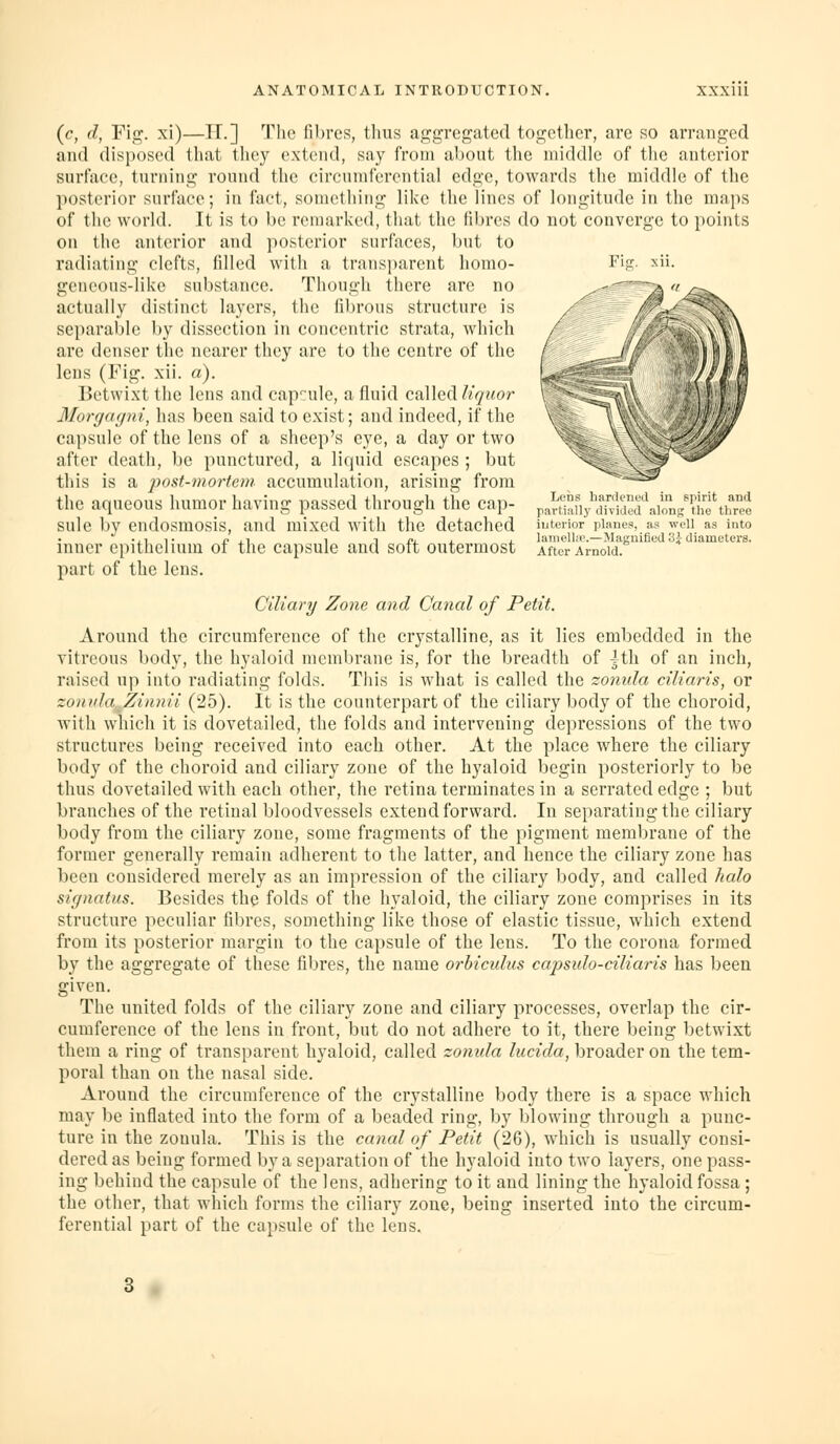 Ijdi'. hank Til 11 in spirit and pnitiillj tlniikd alonp; the three luttiior iilinei, aM wdl as into hiinella?.—Magnified '■^^ diameters. After Arnold. (c, d, Fig. xi)—H.] TIic fibres, thus aggregated together, are so arranged and disposed that tlicy extend, say from al)Out the middle of the anterior surface, turning round the circumferential edge, towards the middle of the posterior surface; in fact, something like the lines of longitude in the maps of the world. It is to be remarked, that the fibres do not converge to points on the anterior and posterior surfaces, but to radiating clefts, filled with a transparent homo- geneous-like substance. Though there are no actually distinct layers, the fibrous structure is sepai'able by dissection in concentric strata, which are denser the nearer they are to the centre of the lens (Fig. xii. a). Betwixt the lens and cap-rule, a fluid called/n'^'Mor 3Iorf/ar/ni, has been said to exist; and indeed, if the capsule of the lens of a sheep's eye, a day or two after death, be punctured, a liquid escapes ; but this is a j^ost-mortem accumulation, arising from the aqueous humor having passed through the cap- sule by endosmosis, and mixed with the detached inner epithelium of the capsule and soft outermost part of the lens. Ciliary Zone and Canal of Petit. Around the circumference of the crystalline, as it lies embedded in the vitreous body, the hyaloid membrane is, for the breadth of |th of an inch, raised up into radiating folds. This is what is called the zonida ciliaris, or zonida^Zinnii (25). It is the counterpart of the ciliary body of the choroid, with which it is dovetailed, the folds and intervening dei)ressions of the two structures being received into each other. At the place where the ciliary body of the choroid and ciliary zone of the hyaloid begin posteriorly to be thus dovetailed with each other, the retina terminates in a serrated edge ; but branches of the retinal bloodvessels extend forward. In separating the ciliary body from the ciliary zone, some fragments of the pigment membrane of the former generally remain adherent to the latter, and hence the ciliary zone has been considered merely as an impression of the ciliary body, and called halo signatus. Besides the folds of the hyaloid, the ciliary zone comprises in its structure peculiar fibres, something like those of elastic tissue, which extend from its posterior margin to the capsule of the lens. To the corona formed by the aggregate of these fibres, the name orhiculus capsido-ciliaris has been given. The united folds of the ciliary zone and ciliary processes, overlap the cir- cumference of the lens in front, but do not adhere to it, there being betwixt them a ring of transparent hyaloid, called zonula lucida, broader on the tem- poral than on the nasal side. Around the circumference of the crystalline body there is a space which may be inflated into the form of a beaded ring, by blowing through a punc- ture in the zouula. This is the canal of Petit (26), which is usually consi- dered as being formed by a separation of the hyaloid into two layers, one pass- ing behind the capsule of the lens, adhering to it and lining the hyaloid fossa; the other, that which forms the ciliary zone, being inserted into the circum- ferential part of the capsule of the lens.