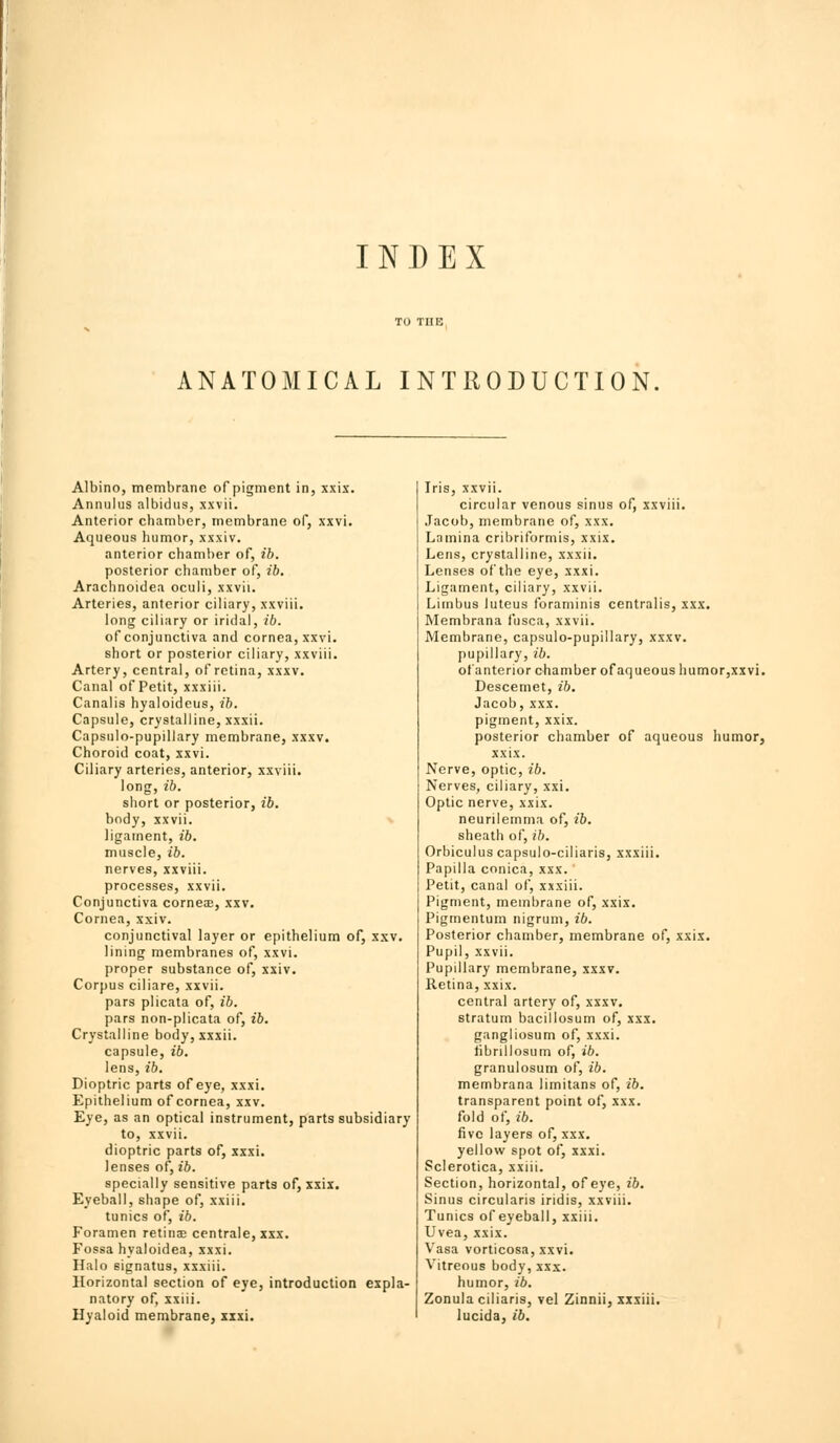 fc INDEX ANATOMICAL INTRODUCTION, Albino, membrane of pigment in, xxix. Annuius albidus, xxvii. Anterior chamber, membrane of, xxvi. Aqueous humor, xxxiv. anterior chamber of, ib. posterior chamber of, ib. Arachnoidea ocuii, xxvii. Arteries, anterior ciliary, xxviii. long ciliary or iridal, ib. of conjunctiva and cornea, xxvi. short or posterior ciliary, xxviii. Artery, central, of retina, xxxv. Canal of Petit, xxxiii. Canalis hyaloideus, ib. Capsule, crystalline, xxxii. Capsulo-pupillary membrane, xxxv. Choroid coat, xxvi. Ciliary arteries, anterior, xxviii. long, ib. short or posterior, ib. body, xxvii. ligament, ib. muscle, ib. nerves, xxviii. processes, xxvii. Conjunctiva corneaE, xxv. Cornea, xxiv. conjunctival layer or epithelium of, xxv, lining membranes of, xxvi. proper substance of, xxiv. Corpus ciliare, xxvii. pars plicata of, ib. pars non-plicata of, ib. Crystalline body, xxxii. capsule, ib. lens, ib. Dioptric parts of eye, xxxi. Epithelium of cornea, xxv. Eye, as an optical instrument, parts subsidiary to, xxvii. dioptric parts of, xxxi. lenses of, ib. specially sensitive parts of, xxix. Eyeball, shape of, xxiii. tunics of, ib. Foramen retinae centrale, xxx. Fossa hyaloidea, xxxi. Halo signatus, xxxiii. Horizontal section of eye, introduction expla- natory of, xxiii. Hyaloid membrane, xxxi. Iris, xxvii. circular venous sinus of, xxviii. Jacob, membrane of, xxx. Lamina cribriformis, xxix. Lens, crystalline, xxxii. Lenses of the eye, xxxi. Ligament, ciliary, xxvii. Litnbus luteus foraminis centralis, xxx. Membrana fusca, xxvii. Membrane, capsulo-pupillary, xxxv. pupillary, ib. ofanterior chamber of aqueous humor,xxvi. Descemet, ib. Jacob,xxx. pigment, xxix. posterior chamber of aqueous humor, xxix. Nerve, optic, ib. Nerves, ciliary, xxi. Optic nerve, xxix. neurilemma of, ib. sheath of, ib. Orbiculus capsulo-ciliaris, xxxiii. Papilla conica, xxx. Petit, canal of, xxxiii. Pigment, membrane of, xxix. Pigmentum nigrum, ib. Posterior chamber, membrane of, xxix. Pupil, xxvii. Pupillary membrane, xxxv. Retina, xxix. central artery of, xxxv. stratum bacillosum of, xxx. gangliosum of, xxxi. fibrillosum of, ib. granulosum of, ib. membrana limitans of, ib. transparent point of, xxx. fold of, ib. five layers of, xxx. yellow spot of, xxxi. Sclerotica, xxiii. Section, horizontal, of eye, ib. Sinus circularis iridis, xxviii. Tunics of eyeball, xxiii. Uvea, xxix. Vasa vorticosa, xxvi. Vitreous body, xxx. humor, ib. Zonula ciliaris, vel Zinnii, xxxiii. lucida, ib.