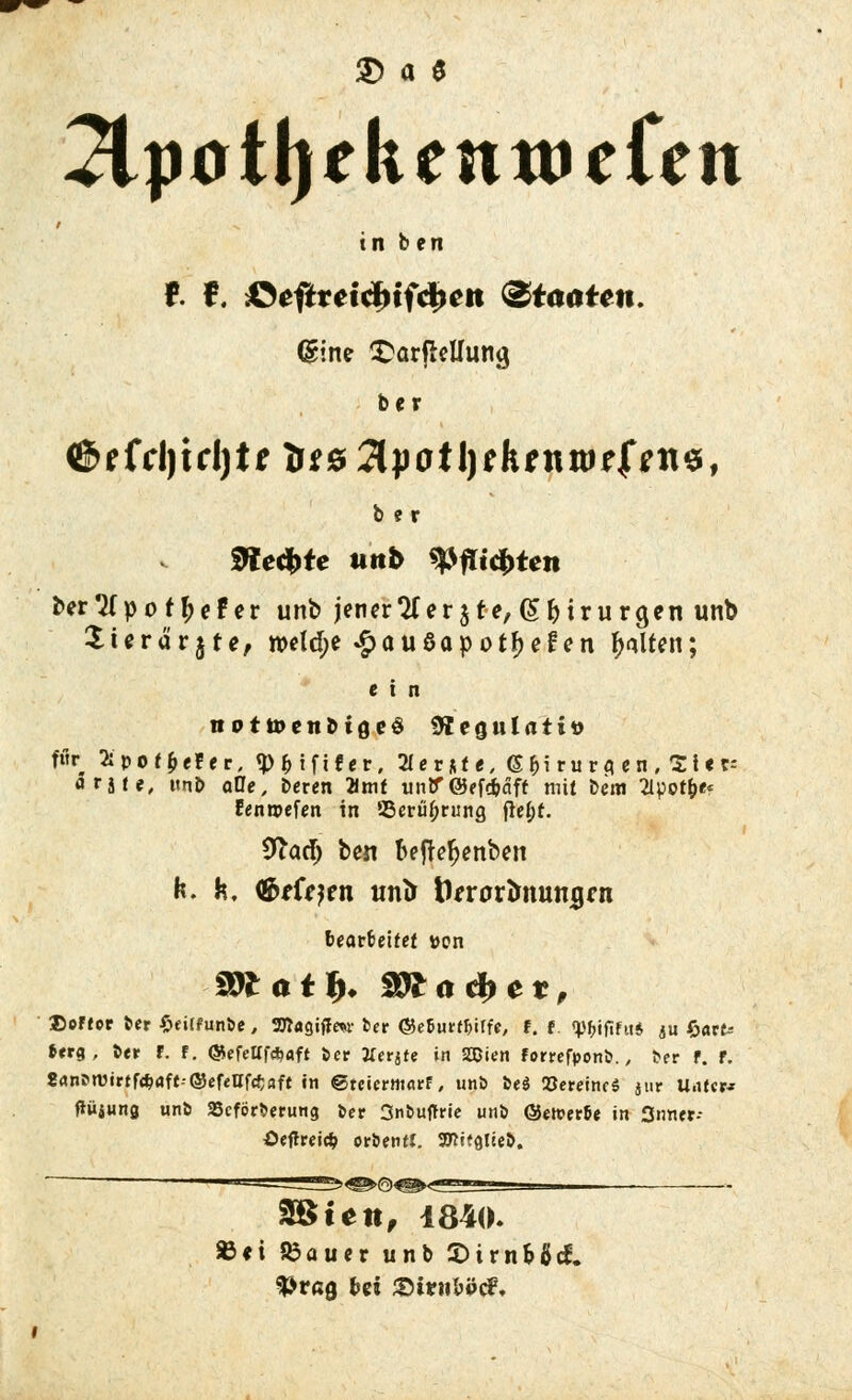 in b en t f. £eftretcbtfcbcit <&ta<tteu. (gine £arßeUung ber ber Siebte unb tyfiifyUn ber^Tpo tiefer unb jener 2f er jte, (S&irurgen unb Xierärjte, n>eld;e •fxtußaporfjefen galten; c i n notttenbtgeS ^tcgntats» fßf %'po freier, «pfcififer, »erst *, CJintTg*», Slf* ante, ttn& atle, Deren 2lmf tinlf©efcfcäft mit fcem 21pot&<< Eenroefen in SSerii&riing fie^f. 3^acf; ben fceffcfjenben H. fc, töffyrn uni> tUrorIntuncjni fcearfceifef »on 20* <**!>♦ S^o^et, Softer ber Seilfunbe, 2JJ«gifIm bcr (Sk&urfljirfe, f. f. <pf>tftfit* &u %avt= Utq , ber f. f. ©efellfäflft bcr jrerjfe in 20ien forrefponb., bcr f. f. 8anPiVirtf4>aft©efeIIfcf;aft in ©tcicrmarf, unb be$ SJcreincS jtir Uatcr* ftüjung unb SScförberung bcr 3nbuftrie unb ©eiferte in 3nner-- Oeffreid? orbenft. Sttifglieb. äßtett, 1840. £«i datier unb ©irnoficfc. $>rag feei 2>h?iil>pc?,