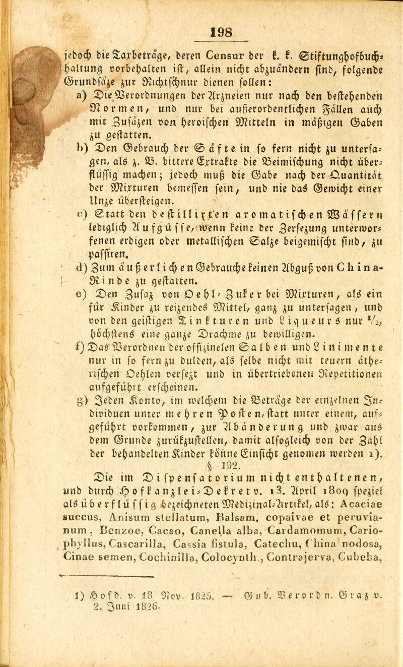 jeboch bie Sarbetrdge, beyen Censur bei* 6. f. <Stiftungfcofbud[j* tbaltung vorbehalten ift, aüein nidbt abjuanbern flnb, folgenbe ©runbfä'ie $ur D?icbtfcbnur bienen follen: a) £>ie93erorbuungen ber ^h^neten nur naef) ben fcefter;enben 9?ormen, unb nur bei aufierorbentltcben fallen auch mit Süfdjen von fceroifcfren 90?itteln in mdjjtgen <3>abtn ju geflatten. b) £)en ©ebraueb ber @ df te in fo fern nidjt ju unterfa-- flen, att j. 23. bittere Strafte bie ^eimtfdpung nicht über- flüffig machen; jefcoeb mufj bie ©abe nach ber O.uantitot ber 9}?U'turen bemeffen fein, unb nie baä ©ewtdjt einer Unjje überfreigen. «;) ©tatt-ben bewilligten aromatifeben SOB ä f fe r n lebiglicb 2lufgü f fe, wenn feine ber 3evfe$ung unterwor* fenen erbigen ober tnetallifcfeen @al$e beigemifebt firtb, ju paffiren. d) 3>n anfertigen©ebrauebefeinen 2{bgufi von China- 9v i n b e ju geWatten. e) 3>n 3ufaj von Oebl'3 u£e r bei SDJü'turen, allein für ^inber $u reijenbcS SCftitrel/ ganj ju unterfagen , ttnb uon ben geizigen Sinfturen unb ifiqueurö nur Vz/ böcbfienä eine ganje Sracbme flu bereinigen. f) £)aö 93erorbnen'ber offainelen @a Ib en unb Linimente nur in fo fern ^u bulten, alä felbe niebt mit teuern dtbe-- rif$en Oefjlen verfemt unb in übertriebene*» Siepetitionen aufgeführt erfdpeinen. g) 3^ben £onto, im welchem bie betrage ber einzelnen 3* bieibuen unter mehren ^> o W e n, Watt unter einem, auf* geführt vorkommen, jur 2lbdnberung unb jivar au$ bem ©runbe jurüfjuflcllen, bamit alfogleicb von ber 3abl ber be^anbelten^inber fönne (Einfielt genomen werben i). § 192. £)ie tm £> i fvenfa t o ri u m nicht enthaltenen, unb bureb ipoffanjlei;2)efretr». i3. Jlpril 18oq fpejief alö üb er flu ff ig bezeichneten Webi^inol-'Jirtifel, alö: Acaciae suocus, Anisum stcllatum, Balsam, copaivae et peruvia- num , Benzoe, Cacao, Canella alba, Cardamomum, Cario- phj'llus, Cascarilla, Cassia iistula, Catechu, China nodosa, Cinae semen, Cochinilla, Colocynth , Contrajcrva, Cubeba, 1) ftofb. v. 18 9?ei>. 1825. — © n b. 2>e ro rb n. © ra j v. 2, Sitni 1826-