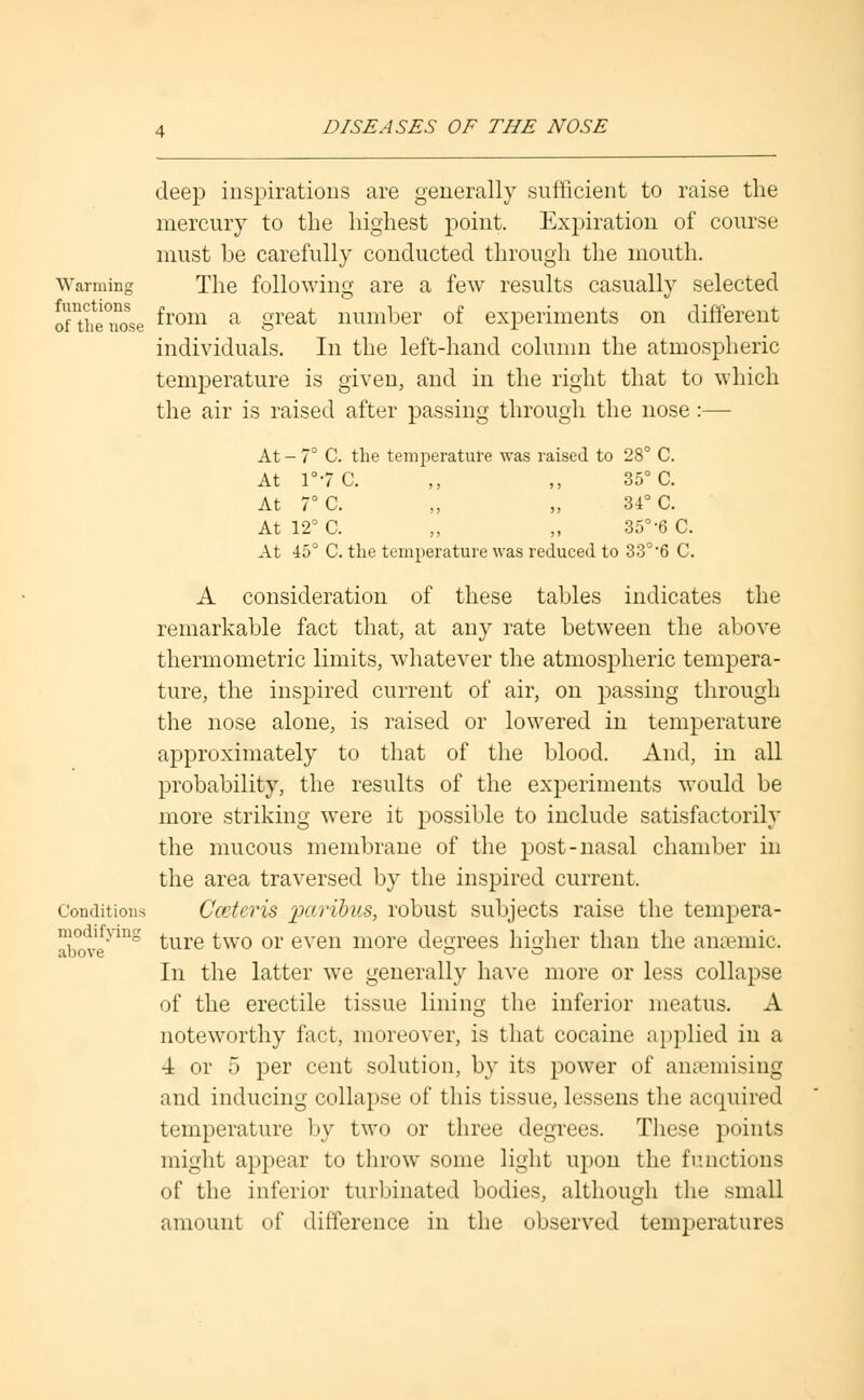 deep inspirations are generally sufficient to raise the mercury to the highest point. Expiration of course must be carefully conducted through the mouth. Warming The following are a few results casually selected oftoenose ^rom a great number of experiments on different individuals. In the left-hand column the atmospheric temperature is given, and in the right that to which the air is raised after passing through the nose :— At- 7° C. the temperature was raised to 28° C. At 1°-7C. ,, ,, 35° C. At 7° C. „ „ 34° C. At 12° C. „ „ 35°-6 C. At 45° C. the temperature was reduced to 33°6 C. A consideration of these tables indicates the remarkable fact that, at any rate between the above thermometric limits, whatever the atmospheric tempera- ture, the inspired current of air, on passing through the nose alone, is raised or lowered in temperature approximately to that of the blood. And, in all probability, the results of the experiments would be more striking were it possible to include satisfactorily the mucous membrane of the post-nasal chamber in the area traversed by the inspired current. Conditions Ccetcris paribus, robust subjects raise the tempera- above18 ture ^W0 or even more degrees higher than the anaemic. In the latter we generally have more or less collapse of the erectile tissue lining the inferior meatus. A noteworthy fact, moreover, is that cocaine applied in a •4 or 5 per cent solution, by its power of ansemising and inducing collapse of this tissue, lessens the acquired temperature by two or three degrees. These points might appear to throw some light upon the functions of the inferior turbinated bodies, although the small amount of difference in the observed temperatures