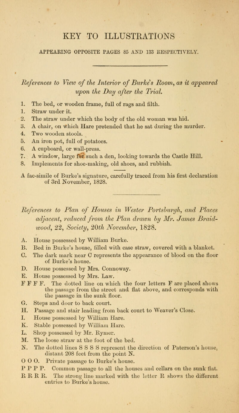 APPEARING OPPOSITE PAGES 85 AND 133 RESPECTIVELY. References to View of the Interior of Burke's Room, as it appeared upon the Day after the Trial. 1. The bed, or wooden frame, full of rags and filth. 1. Straw under it. 2. The straw under which the body of the old woman was hid. 3. A chair, on which Hare pretended that he sat during the murder. 4. Two wooden stools. 5. An iron pot, full of potatoes. 6. A cupboard, or wall-press. 7. A window, large f&r. such a den, looking towards the Castle Hill. 8. Implements for shoe-making, old shoes, and rubbish. A fac-simile of Burke's signature, carefully traced from his first declaration of 3rd November, 1828. References to Plan of Houses in Wester Portsburgh, and Places adjacent, reduced from the Plan drawn by Mr. James Braid- wood, 22, Society, 20th November, 1828. A. House possessed by William Burke. B. Bed in Burke's house, filled with case straw, covered with a blanket. C. The dark mark near C represents the appearance of blood on the floor of Burke's house. D. House possessed by Mrs. Connoway. E. House possessed by Mrs. Law. FFFF. The dotted line on which the four letters F are placed shows the passage from the street and flat above, and corresponds with the passage in the sunk floor. G. Steps and door to back court. H. Passage and stair leading from back court to Weaver's Close. I. House possessed by William Hare. K. Stable possessed by William Hare. L. Shop possessed by Mr. Rymer. M. The loose straw at the foot of the bed. N. The dotted lines S S S S represent the direction of Paterson's house. distant 208 feet from the point N. OOO. Private passage to Burke's house. P P P P. Common passage to all the houses and cellars on the sunk flat. RRRR. The strong line marked with the letter R shows the different entries to Burke's house.