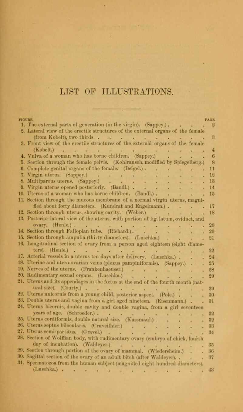 LIST OF ILLUSTRATIONS. FIGURE PAGE 1. The external parts of generation (in the virgin). (Sappey.).... 2 2. Lateral view of the erectile structures of the external organs of the female (from Kobelt), two thirds 3 3. Front view of the erectile structures of the external organs of the female (Kobelt.) 4 4. Vulva of a woman who has borne children. (Sappey.) G 5. Section through the female pelvis. (Kohlrausch, modified by Spiegelberg.) 8 6. Complete genital organs of the female. (Beigel.) 11 7. Virgin uteri's. (Sappey.) 12 8. Bfultiparous uterus. (Sappey.) 13 0. Virgin uterus opened posteriorly. (Bandl.) 14 K). Uterus of a woman who has borne children. (Bandl.) 15 11. Section through tin- mucous membrane of a normal virgin uterus, magni- fied about forty diameters. (Kundrat and Engelmann.) . . . .17 12. Section through uterus, showing cavity. (Weber.) 18 13. Posterior lateral view of the uterus, with portion of lig.latum,oviduct,and ovary. (Henle.) 20 ction through Fallopian tube. (Richard.) 80 15. Section through ampulla (thirty diameters). (Luschka.) .... 21 10. Longitudinal section of ovaryfrora a person aged eighteen (eight diame- ters). (Henle.) 22 17. Arterial vessels in a uterus ten days after delivery. (Luschka.) . . . 21 18. Uterine and utero-ovarian veins (plexus pampiniformis). (Sappey.) . . 2.) l!». Nerves of the uterus. (Frankenhaeuser.) 88 20. Rudimentary sexual organs. (Luschka.) 89 21. [Jterus and its appendages in the foetus at the end of the fourth month (nat- ural size). (Courty.) 2!» 2-2. (Jterus unicornis from a young child, posterior aspect (Pole.) . . . :;<> 2:;. Double uterus and vagina from a girl aged nineteen. (Eisenmann.) . . 81 21. Uterus bicornis, double cavity and double vagina, from a girl seventeen years of age, (Schroeder.) 88 eras cordiformis, double natural size. (Kussmaul.) 88 •-'';. Uterus septus bilocularis, (Cruveilhier.) 27. Uterus semi-partitus. (Gravel.) :;i Section of Wolffian body, with rudimentary ovarj (embryo <>f chick, fourth day f incubation). (Waldeyer.) 88 2'.). Section through portion of the ovary of mammal. (Wiedersheira.) . 80. Sagittal section of the ovary of an adull bitch (after Waldeyer), . 81. Spermatozoa from the human Bubjeci (magnified eight hundred diamefc (Luschka.)