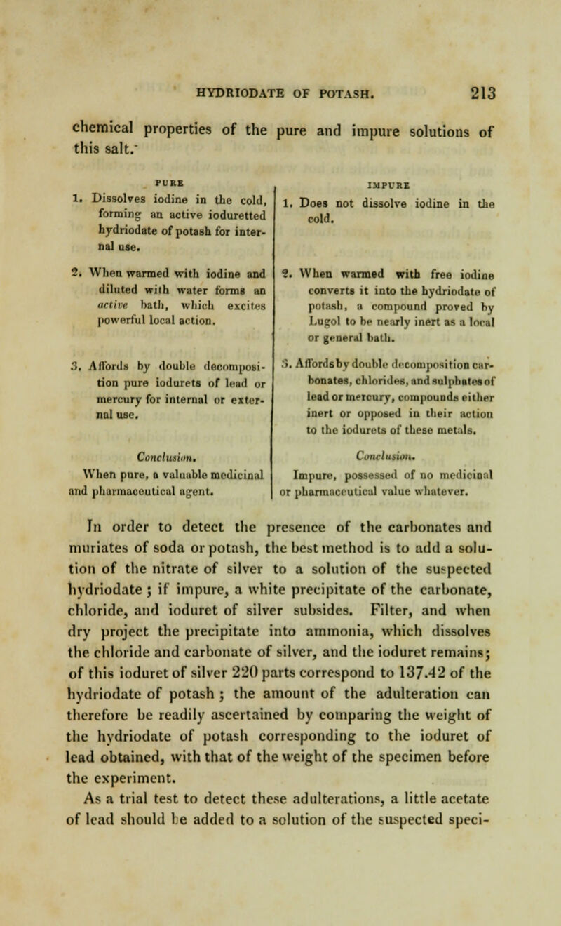 chemical properties of the pure and impure solutions of this salt.' PURE 1. Dissolves iodine in the cold, forming an active ioduretted hydriodate of potash for inter- nal use. 2. When warmed with iodine and diluted with water forms an active hath, which excites powerful local action. 3, A fiords by double decomposi- tion pure iodurets of lead or mercury for internal or exter- nal use. Cuiir/iuiim. When pure, a valuable medicinal and pharmaceutical agent. IMPURE Does not dissolve iodine in the cold. 2. When wanned with free iodine converts it into the hydriodate of potash, a compound proved by Lugol to be nearly inert as a local or general hath. .'». A fibrdsby double decomposition car- bonates, chlorides, and sulphates of lead or mercury, compounds either inert or opposed in their action to the iodurets of these metals. Conrliuum. Impure, possessed of no medicinal or pharmaceutical value whatever. In order to detect the presence of the carbonates and muriates of soda or potash, the best method is to add a solu- tion of the nitrate of silver to a solution of the suspected hydriodate ; if impure, a white precipitate of the carbonate, chloride, and ioduret of silver subsides. Filter, and when dry project the precipitate into ammonia, which dissolves the chloride and carbonate of silver, and the ioduret remains; of this ioduret of silver 220 parts correspond to 137.42 of the hydriodate of potash ; the amount of the adulteration can therefore be readily ascertained by comparing the weight of the hydriodate of potash corresponding to the ioduret of lead obtained, with that of the weight of the specimen before the experiment. As a trial test to detect these adulterations, a little acetate of lead should l.e added to a solution of the suspected speci-