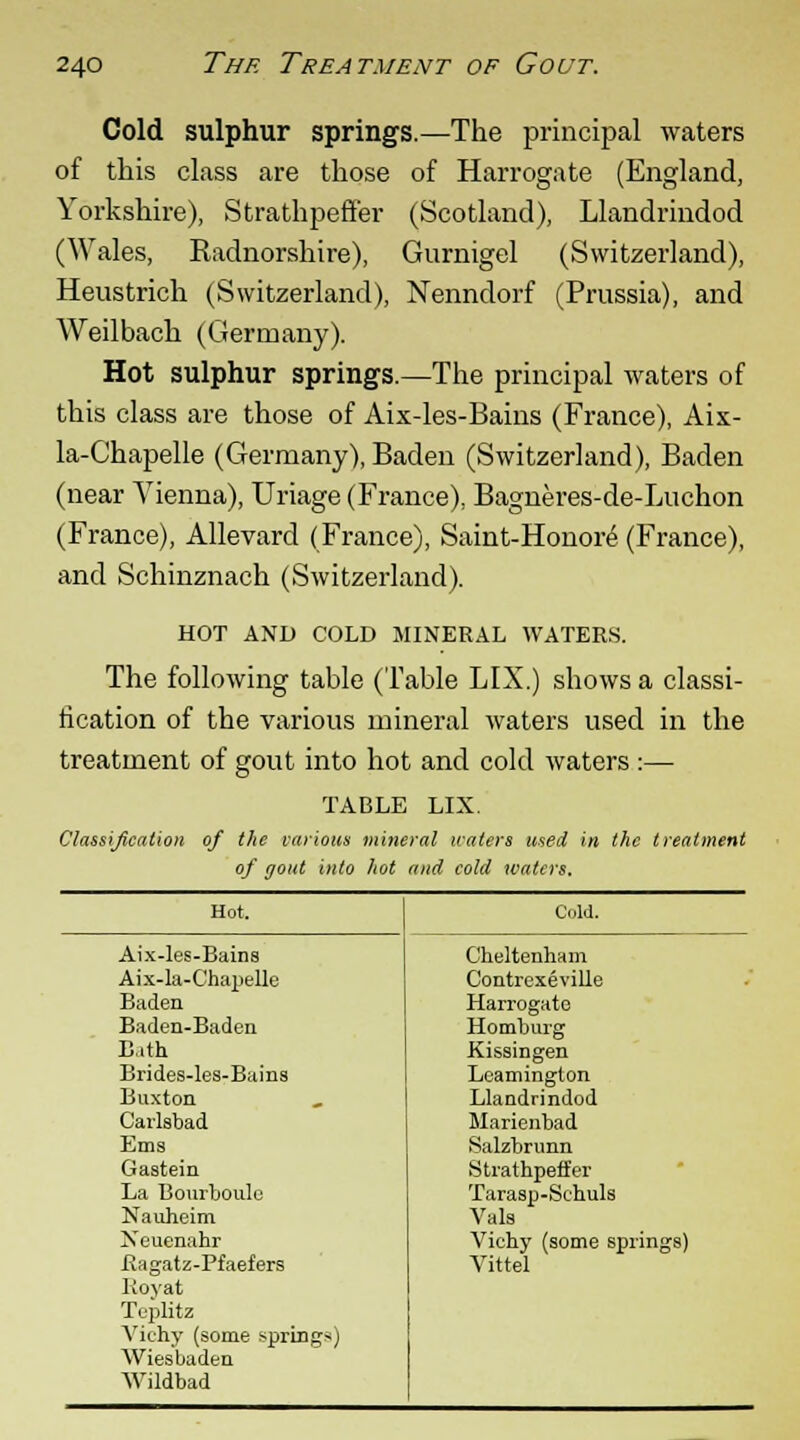 Cold sulphur springs.—The principal waters of this class are those of Harrogate (England, Yorkshire), Strathpeffer (Scotland), Llandrindod (Wales, Radnorshire), Gurnigel (Switzerland), Heustrich (Switzerland), Nenndorf (Prussia), and Weilbach (Germany). Hot sulphur springs.—The principal waters of this class are those of Aix-les-Bains (France), Aix- la-Chapelle (Germany), Baden (Switzerland), Baden (near Vienna), Uriage (France), Bagneres-de-Luchon (France), Allevard (France), Saint-Honore (France), and Schinznach (Switzerland). HOT AND COLD MINERAL WATERS. The following table (Table LIX.) shows a classi- fication of the various mineral waters used in the treatment of gout into hot and cold waters :— TABLE LIX. Classification of the various mineral waters used in the treatment of gout into hot and cold waters. Hot. Cold. Aix-les-Bains Cheltenham Aix-la-Chapelle Contrexeville Baden Harrogate Baden-Baden Homburg Bath Kissingen Brides-les- Bains Leamington Buxton Llandrindod Carlsbad Marienbad Ems Salzbrunn Gastein Strathpeffer La Bourboule Tarasp-Schuls Nauheim Vals Neuenahr Vichy (some springs) Ragatz-Pfaefers Vittel Rovat Teplitz Vichy (some springs) Wiesbaden Wildbad