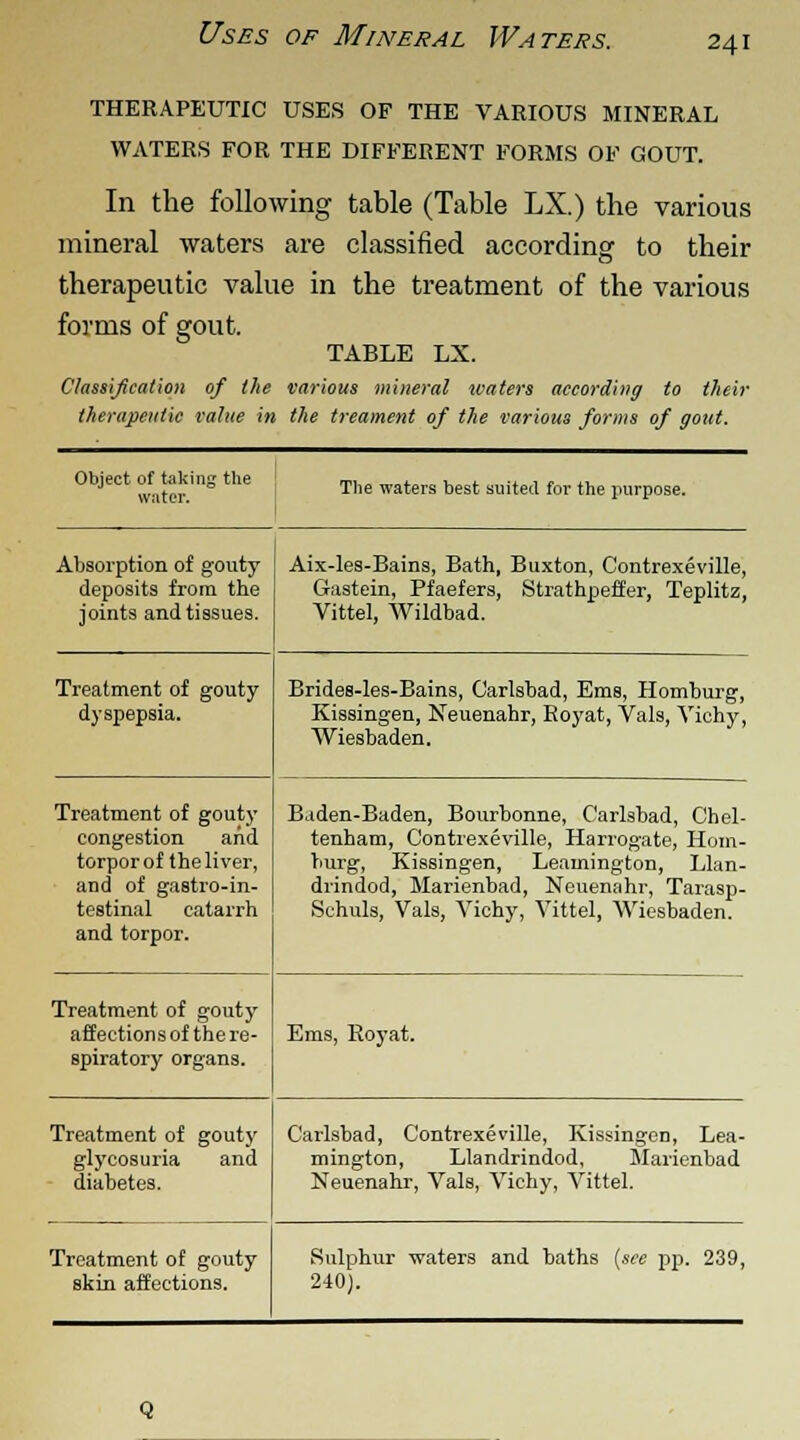 U'ses of Mineral Waters. THERAPEUTIC USES OF THE VARIOUS MINERAL WATERS FOR THE DIFFERENT FORMS OF GOUT. In the following table (Table LX.) the various mineral waters are classified according to their therapeutic value in the treatment of the various forms of gout. TABLE LX. Classification of the various mineral waters according to their therapeutic value in the treament of the various forms of gout. Object of taking the water. The waters best suited for the purpose. Absorption of gouty deposits from the joints and tissues. Aix-les-Bains, Bath, Buxton, Contrexeville, Gastein, Pfaefers, Strathpeffer, Teplitz, Vittel, Wildbad. Treatment of gouty dyspepsia. Treatment of gouty congestion and torporof theliver, and of gastroin- testinal catarrh and torpor. Brides-les-Bains, Carlsbad, Ems, Homburg, Kissingen, Neuenahr, Royat, Vals, Vichy, Wiesbaden. Baden-Baden, Bourbonne, Carlsbad, Chel- tenham, Contrexeville, Harrogate, Hom- burg, Kissingen, Leamington, Llan- drindod, Marienbad, Neuenahr, Tarasp- Schuls, Vals, Vichy, Vittel, Wiesbaden. Treatment of gout}' affections of the re- spiratory organs. Ems, Royat. Treatment of gouty glycosuria and diabetes. Carlsbad, Contrexeville, Kissingen, Lea- mington, Llandrindod, Marienbad Neuenahr, Vals, Vichy, Vittel. Treatment of gouty skin affections. Sulphur waters and baths [see pp. 239, 240).