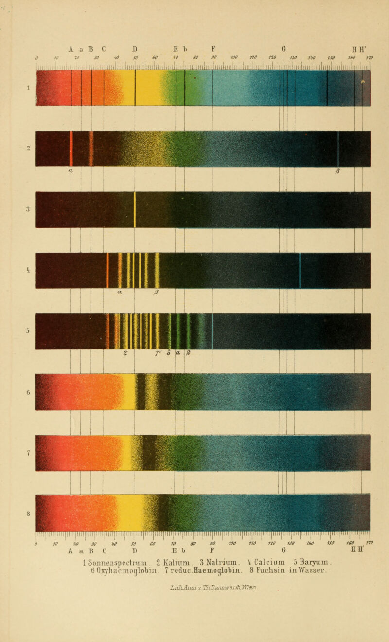 A a B C I) E b Y G EH /.' 20 30 *> SO 60 70 80 .90 100 HO 1Z0 130 1W 1S0 160 170 20 30 W A a B C ISO 160 170 HI' lSoimenspectrum. 2 Kalium. 3 Natrium. 4 Calcium 5 Baryum 6 Oxyhae niiMjlobiu.. 7 reduc.Haemotjlobm. 8 Fuchsin in Wasser. LhhÄnsl. t Th BannwarthJTier.