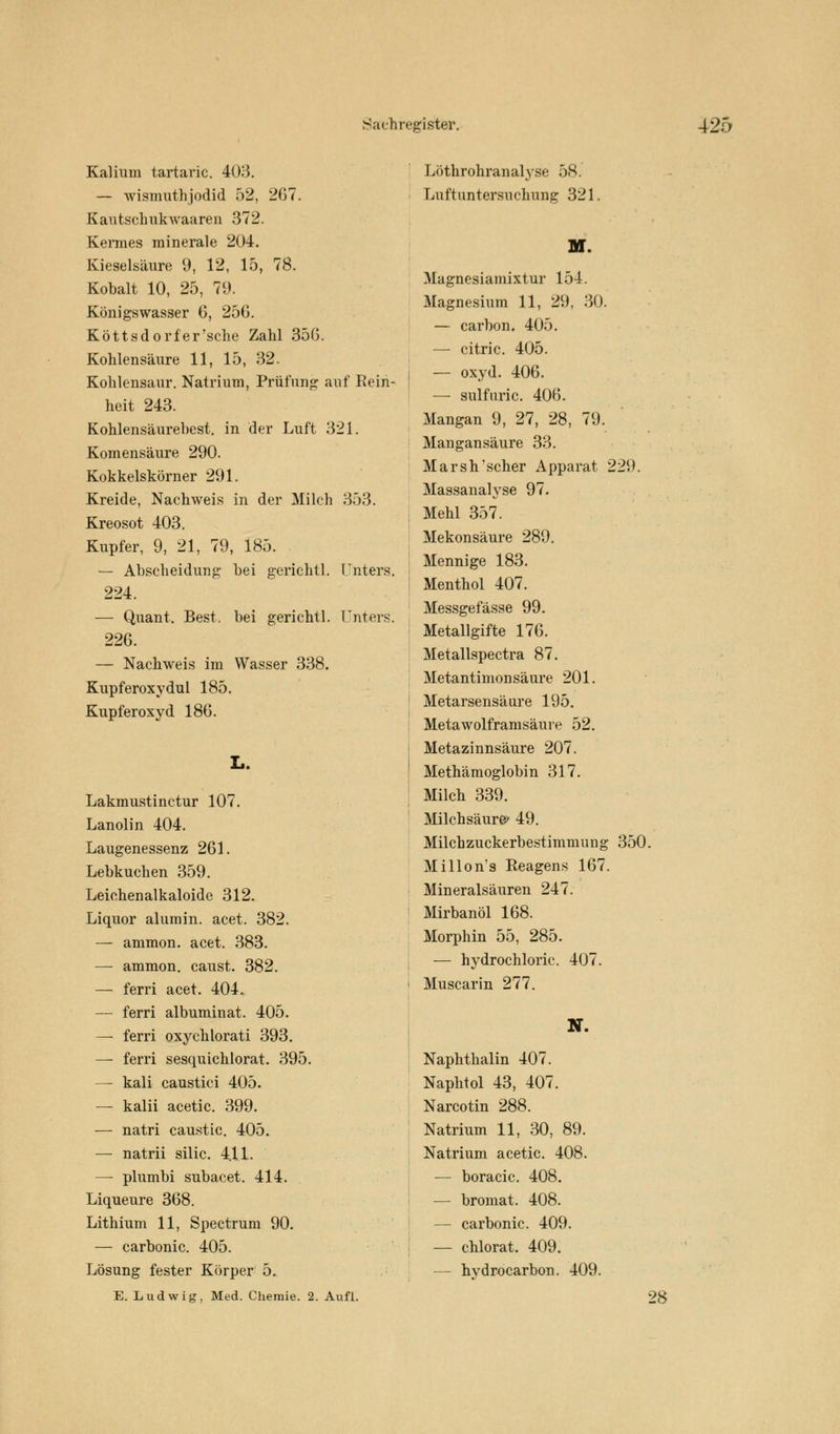 Kalium tartaric. 403. — wismuth Jodid 52, 207. Kautschukwaaren 372. Kermes minerale 204. Kieselsäure 9, 12, 15, 78. Kobalt 10, 25, 79. Königswasser 6, 256. Köttsdorfer'sche Zahl 350. Kohlensäure 11, 15, 32. Kohlensaur. Natrium, Prüfung auf Rein- heit 243. Kohlensäurehest, in der Luft 321. Komensäure 290. Kokkelskörner 291. Kreide, Nachweis in der Milch 353. Kreosot 403. Kupfer, 9, 21, 79, 185. — Abscheidung hei gerichtl. Unters. 224. — Quant. Best, hei gerichtl. Unters. 226. — Nachweis im Wasser 338. Kupferoxydul 185. Kupferoxyd 186. L. Lakmustinctur 107. Lanolin 404. Laugenessenz 261. Lebkuchen 359. Leichenalkaloide 312. Liquor alumin. acet. 382. — ammon. acet. 383. — ammon. caust. 382. — ferri acet. 404. — ferri albuminat. 405. — ferri oxychlorati 393. — ferri sesquichlorat. 395. — kali caustici 405. — kalii acetic. 399. — natri caustic. 405. — natrii silic. 4.11. — plumbi subacet. 414. Liqueure 368. Lithium 11, Spectrum 90. — carbonic. 405. Lösung fester Körper 5. E. Ludwig, Med. Chemie. 2. Aufl. Löthrohranalyse 58. Luftuntersuchung 321. M. Magnesiamixtur 154. Magnesium 11, 29, 30. — carbon. 405. — citric. 405. — oxyd. 406. — sulfuric. 406. Mangan 9, 27, 28, 79. Mangansäure 33. Marsh'scher Apparat 229. Massanalyse 97. Mehl 357. Mekonsäure 289. Mennige 183. Menthol 407. Messgefässe 99. Metallgifte 176. Metallspectra 87. Metantimonsäure 201. Metarsensäure 195. Metawolframsäure 52. Metazinnsäure 207. Methämoglobin 317. Milch 339. Milchsäure 49. Milchzuckerbestimmung 350. Millon's Reagens 167. Mineralsäuren 247. Mirbanöl 168. Morphin 55, 285. — hydrochloric. 407. Muscarin 277. N. Naphthalin 407. Naphtol 43, 407. Narcotin 288. Natrium 11, 30, 89. Natrium acetic. 408. — boracic. 408. — bromat. 408. — carbonic. 409. — chlorat. 409. — hydrocarbon. 409. 28