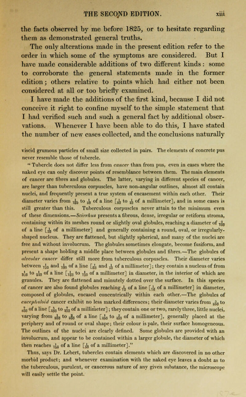 the facts observed by me before 1825, or to hesitate regarding them as demonstrated general truths. The only alterations made in the present edition refer to the order in which some of the symptoms are considered. But I have made considerable additions of two different kinds: some to corroborate the general statements made in the former edition; others relative to points which had either not been considered at all or too briefly examined. I have made the additions of the first kind, because I did not conceive it right to confine myself to the simple statement that I had verified such and such a general fact by additional obser- vations. Whenever I have been able to do this, I have stated the number of new cases collected, and the conclusions naturally viscid grumous particles of small size collected in pairs. The elements of concrete pus never resemble those of tubercle.  Tubercle does not differ less from cancer than from pus, even in cases where the naked eye can only discover points of resemblance between them. The main elements of cancer are fibres and globules. The latter, varying in different species of cancer, are larger than tuberculous corpuscles, have non-angular outlines, almost all contain nuclei, and frequently present a true system of encasement within each other. Their diameter varies from fa to 8'0 of a line [B(j to jjj of a millimeter], and in some cases is still greater than this. Tuberculous corpuscles never attain to the minimum even of these dimensions.—Scirr/iits presents a fibrous, dense, irregular or retiform stroma, containing within its meshes round or slightly oval globules, reaching a diameter of -fa of a line [^, of a millimeter] and generally containing a round, oval, or irregularly- shaped nucleus. They are flattened, but slightly spherical, and many of the nuclei are free and without involuerum. The globules sometimes elongate, become fusiform, and present a shape holding a middle place between globules and fibres.—The globules of alveolar cancer differ still more from tuberculous corpuscles. Their diameter varies between T'a and fa of a line [^ and 5], of a millimeter]; they contain a nucleus of from 3J5 t0 ih °f a une [lira *° t5s °f a millimeter] in diameter, in the interior of wliich are granules. They are flattened and minutely dotted over the surface. In this species of cancer are also found globules reaching ^ of a line [,'g of a millimeter] in diameter, composed of globules, encased concentrically within each other.—The globules of encephahid cancer exhibit no less marked differences; their diameter varies from Bjjjto B55 of a line [jj^to fa of a millimeter]; they contain one or two, rarely three, little nuclei, varying from fa to fa of a line [fa to fa of a millimeter], generally placed at the periphery and of round or oval shape; their colour is pale, their surface homogeneous. The outlines of the nuclei are clearly defined. Some globules are provided with an involuerum, and appear to be contained within a larger globule, the diameter of which then reaches fa of a line [5^ of a millimeter]. Thus, says Dr. Lebert, tubercles contain elements which are discovered in no other morbid product; and whenever examination with the naked eye leaves a doubt as to the tuberculous, purulent, or cancerous nature of any given substance, the microscope will easily settle the point.