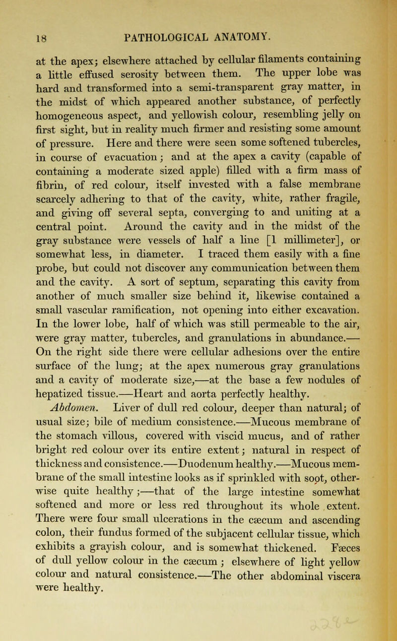 at the apex; elsewhere attached by cellular filaments containing a little effused serosity between them. The upper lobe was hard and transformed into a semi-transparent gray matter, in the midst of which appeared another substance, of perfectly homogeneous aspect, and yellowish colour, resembling jelly on first sight, but in reality much firmer and resisting some amount of pressure. Here and there were seen some softened tubercles, in course of evacuation; and at the apex a cavity (capable of containing a moderate sized apple) filled with a firm mass of fibrin, of red colour, itself invested with a false membrane scarcely adhering to that of the cavity, white, rather fragile, and giving off several septa, converging to and uniting at a central point. Around the cavity and in the midst of the gray substance were vessels of half a line [1 millimeter], or somewhat less, in diameter. I traced them easily with a fine probe, but could not discover any communication between them and the cavity. A sort of septum, separating this cavity from another of much smaller size behind it, likewise contained a small vascular ramification, not opening into either excavation. In the lower lobe, half of which was still permeable to the air, were gray matter, tubercles, and granulations in abundance.— On the right side there were cellular adhesions over the entire surface of the lung; at the apex numerous gray granulations and a cavity of moderate size,—at the base a few nodules of hepatized tissue.—Heart and aorta perfectly healthy. Abdomen. Liver of dull red colour, deeper than natural; of usual size; bile of medium consistence.—Mucous membrane of the stomach villous, covered with viscid mucus, and of rather bright red colour over its entire extent; natural in respect of thickness and consistence.—Duodenum healthy.—Mucous mem- brane of the small intestine looks as if sprinkled with soot, other- wise quite healthy;—that of the large intestine somewhat softened and more or less red throughout its whole extent. There were four small ulcerations in the csecum and ascending colon, their fundus formed of the subjacent cellular tissue, which exhibits a grayish colour, and is somewhat thickened. Faeces of dull yellow colour in the caecum; elsewhere of light yellow colour and natural consistence.—The other abdominal viscera were healthy.