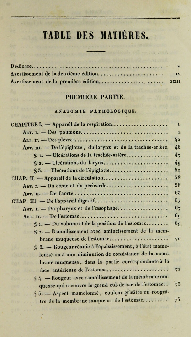 TABLE DES MATIÈRES. Dédicace. Avertissement de la deuxième édition ix Avertissement de la première édition, ssm PREMIÈRE PARTIE. ANATOMIE PATHOLOGIQUE. CHAPITRE I. — Appareil de la respiration 1 Art. i. — Des poumons 1 Ara. it. — Des plèvres 4'.' Art. m. — De l'épiglotte , du larynx et de la trachée-artère. 46 § i. — Ulcérations de la trachée-artère 47 § a. — Ulcérations du larynx 4g § 3. — Ulcérations de l'épigloltc 5o CHAP. II — Appareil de la circulation 58 Art. i. — Du cœur et du péricarde 58 Art. h. — De l'aorte 63 CHAP. III. — De l'appareil digestif 6; Art. i. — Du pharynx et de l'œsophage 67 Art. 11. —De l'estomac 69 § 1. — Du volume et de la position de l'estomac 6g § 2. — Ramollissement avec amincissement de la mem- brane muqueuse de l'estomac 70 § 3. — Rougeur réunie à l'épaississement, à l'état mame- lonné ou à une diminution de consistance de la mem- brane muqueuse , dans la partie correspondante à la face autérieuie de l'estomac 72 § 4. — Rougeur avec ramollissement de la membrane mu- queuse qui recouvre le grand cul-de-sac de l'estomac. . 73 § 5, — Aspect mamelonné, couleur grisâtre ou rougea- tre de la membrane muqueuse de 1 estomac 75