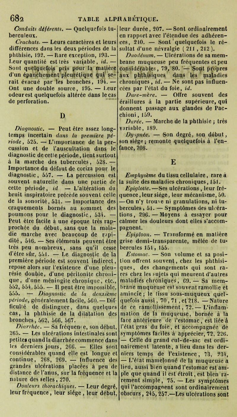 Conduits déférents. — Quelquefois tu- berculeux. Crachats. — Leurs caractères et leurs différences dans les deux périodes de la phlhisie, 192.—Rare exception, 193.— Leur quantité est 1res variable, id. — Sont quelquefois pris pour la matière d'un épanchement plcurétique qui se- rait évacué par les bronches, 194.— Ont une double source, 195.— Leur odeurest quelquefois altérée dans le cas de perforation. D Diagnostic. — Peut être assez long- temps incertain dans ta première pé- riode, 525. —L'importance de la per- cussion et de l'auscultation dans le diagnostic de celle période, tient surtout à la marche des tubercules, 528. — Importance du défaut de coriza pour le diagnostic, 557. — La percussion est souvent naturelle dans une partie de cette période, id — L'altération du bruit inspiratoire précède souvent celle de la sonorité, 531. —Importance des craquements bornés au sommet des poumons pour le diagnostic, 534. — Peut être facile à une époque très rap- prochée du début, sans que la mala- die marche avec beaucoup de rapi- dité, 546. — Ses éléments peuvent être très peu nombreux, sans qu'il cesse d'être sûr, 551. — Le diagnostic de la première période est souvent indirect, repose alors sur l'existence d'une pleu- résie double, d'une péritonite chroni- que, d'une méningite chronique, etc., 552, 554,555. — Il peut être impossible, 555. — Diagnostic de la deuxième période, généralement facile, 5G0.— Dif- ficulté de distinguer, dans quelques cas, la phthisie de la dilatation des bronches, 5G2, 5G6, 5G7. Diarrhée. — Sa fréquem c, son début, 265. — Les ulcérations intestinales sont petilei quand la diarrhée commence dans les derniers jours, 2GG. — Elles sont considérables quand elle est longue et continue, 268, 269. — Influence des grandes ulcérations placées à peu de distance de l'anus, sur la fréquence et la nature des selles, 270. Douleurs thoracltiques. — Leur degré, leur fréquence, leur siège, leur début, leur durée, 207. —Sont ordinairement en rapport avec l'étendue des adhéren- ces, 210. — Sont quelquefois le ré- sultat d'une névralgie (211, 212 ). Duodénum. — Ulcérations de sa mem- brane muqueuse peu fréquentes et peu considérables, 79, 80. —Sont propres aux phthisiques <fan,s les maladies chroniques, id. — Ne sont pas influen- cées par l'étal du foie, id. Dure-mère. — Offre souvent des éraillures à la partie supérieure, qui donnent passage aux glandes de Pac- chioni, 159. Durée. — Marche de la phthisie ; 1res variable, 189. Dyspnée. — Son degré, son début, son siège; remonte quelquefois à l'en- fance, 208. E Emphysème du tissu cellulaire, rare à la suite des maladies chroniques, 151. Epiglotie.—Ses ulcérations , leur fré- quence , leur siège, leur mécanisme, 50. — On n'y trouve ni granulations, ni tu- bercules ,51. — Symptômes des ulcéra- tions , 29G. — Moyens à essayer pour calmer les douleurs dont elles s'accom- pagnent. Epiploon. — Tnnsformé en matière grise demi-transparente, mêlée de tu- bercules 151, 155. Estomac. — Son volume et sa posi- tion offrent souvent, chez les phthisi- ques, des changements qui sont ra- res chez les sujets qui meurent d'autres maladies chroniques, 69. — Sa mem- brane muqueuse est souvent ramollie et amincie; le tissu sous-muqueux quel- quefois aussi ,70,71 ,et218. —Nature de ce ramollissement, 72.— L'inflam- mation de la muqueuse, bornée à la face antérieure de l'estomac, est liée à l'état gras du foie, et accompagnée de symptômes faciles à apprécier, 72, 226. — Celle du grand cul-de-sac est ordi- nairement latente, a lieu dans les der- niers temps de l'existence, 73, 934, — L'état mamelonné de la muqueuse a lieu, aussi bien quand l'estomac est am- ple que quand il est étroit, est bien ra- rement simple, 75. — Les symptômes qui l'accompagnent sont ordinairement obscurs, 245,257.—Les ulcérations sont