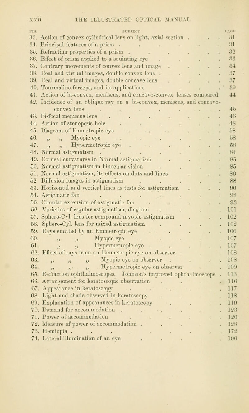 FIG. SUBJECT 33. Action of convex cylindrical ler.s on light, axial section 34. Principal features of a prism .... 35. Refracting properties of a prism . 36. Effect of prism applied to a squinting eye 37. Contrary movements of convex lens and. image 38. Real and virtual images, double convex lens . 30. Real and virtual images, double concave lens 40. Tourmaline forceps, and its applications 41. Action of bi-convex, meniscus, and concavo-convex lenses compared 42. Incidence of an oblique ray on a bi-convex, meniscus, and concavo convex lens .... 43. Bi-focal meniscus lens .... 44. Action of stenopoeic bole 45. Diagram of Emmetropic eye 46. „ ,, Myopic eye 47. „ „ Hypermetropic eye 48. Normal astigmatism .... 40. Corneal curvatures in Normal a-tigmatism 50. Normal astigmatism in binocular vision 51. Normal astigmatism, its effects on dots and lines 52 Diffusion images in astigmatism 53. Horizontal and vertical lines as tests for astigmatism 54. Astigmatic fan .... 55. Circular extension of astigmatic fan 56. Varieties of regular astigmatism, diagram 57. Spbero-Cyl. lens for compound myopic astigmatism 58. Spbero-Cyl. lens for mixed astigmatism 50. Rays emitted by an Emmetropic eye 60. ,, „ Myopic eye 61. ,, „ Hypermetropic eye . 62. Effect of rays from an Emmetropic eve on observer 63. „ „ „ Myopic eye on observer 64. ,, „ „ Hypermetropic eye on observer 65. Refraction ophthalmoscopes. Johnson's improved ophthalmoscope 66. Arrangement for keratoscopic observation 67. Appearance in keratoscopy 68. Light and shade observed in keratoscopy 60. Explanation of appearances in keratoscopy 7'). Demand for accommodation . 71. Power of accommodation 72. .Measure of power of accommodation . 73. Ilemiopia ...... 74. Lateral illumination of an eve