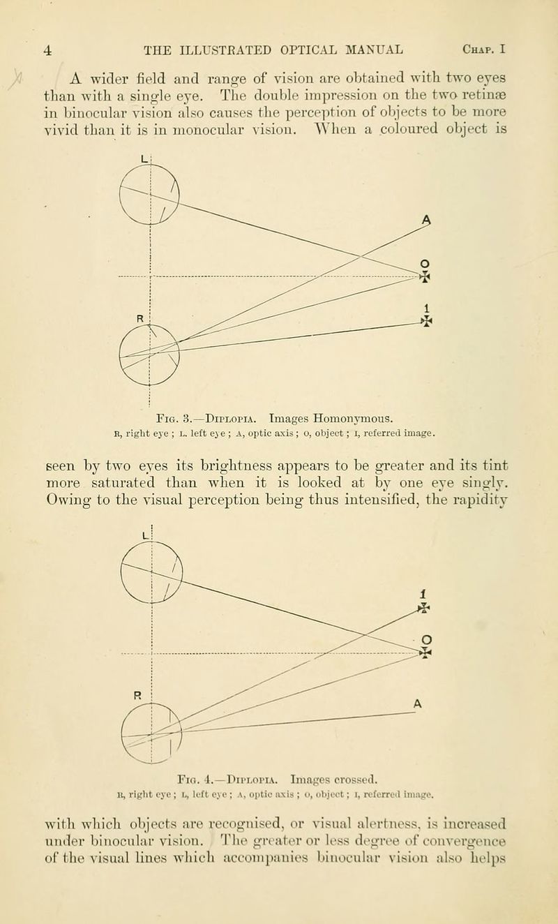 A wider field and range of vision are obtained witb two eyes than with a single eye. The double impression on the two retinas in binocular vision also causes the perception of objects to be more vivid than it is in monocular vision. When a coloured objeci is Fig. 3.—Diplopia. Images Homonymous. H, right eye ; l. left eye ; A, optic axis ; o, object; I, referred image. seen by two eyes its brightness appears to be greater and its tint more saturated than when it is looked at by one eye singly. Owing to the visual perception being thus intensified, the rapidity Pig. 1. Diplopia. Images crossed. B, right eye; t» left eye; i, optio axis j o, object; [, referred Image, with which objects are recognised, or visual alertness, is increased under binocular vision. The greater or less degree of convergence of the visual lines which accompanies binocular vision also helps