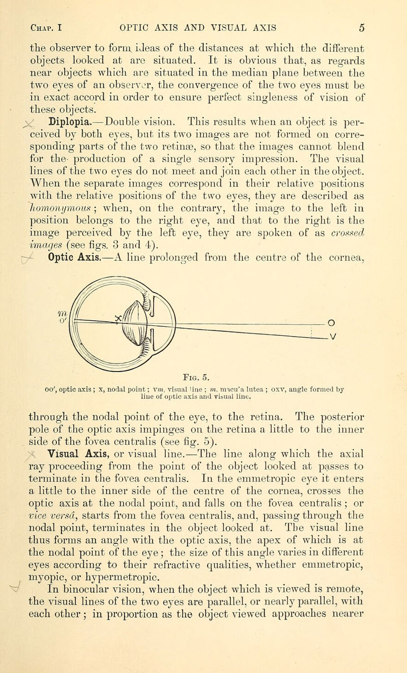 the observer to form, ideas of the distances at which the different objects looked at are situated. It is obvious that, as regards near objects which are situated in the median plane between the two eyes of an observer, the convergence of the two eyes must be in exact accord in order to ensure perfect singleness of vision of these objects. Diplopia.—Double vision. This results when an object is per- ceived by both eyes, but its two images are not formed on corre- sponding parts of the two retinas, so that the images cannot blend for the- production of a single sensory impression. The visual lines of the two eyes do not meet and join each other in the object. When the separate images correspond in their relative positions with the relative positions of the two eyes, they are described as homonymous ; when, on the contrary, the image to the left in position belongs to the right eye, and that to the right is the image perceived by the left eye, they are spoken of as crossed images (see figs. 3 and 4). Optic Axis.—A line prolonged from the centre of the cornea, 00', optic axis ; x, nodal point; vm, visual line ; m. macu'a lutea ; oxv, angle formed t>y line of optic axis and visual line. through the nodal point of the eye, to the retina. The posterior pole of the optic axis impinges on the retina a little to the inner side of the fovea centralis (see fig. 5). Visual Axis, or visual line.—The line along which the axial ray proceeding from the point of the object looked at passes to terminate in the fovea centralis. In the emmetropic eye it enters a little to the inner side of the centre of the cornea, crosses the optic axis at the nodal point, and falls on the fovea centralis ; or vice versa, starts from the fovea centralis, and, passing through the nodal point, terminates in the object looked at. The visual line thus forms an angle with the optic axis, the apex of which is at the nodal point of the eye; the size of this angle varies in different eyes according to their refractive qualities, whether emmetropic, myopic, or hypermetropic. In binocular vision, when the object which is viewed is remote, the visual lines of the two eyes are parallel, or nearly parallel, with each other; in proportion as the object viewed approaches nearer