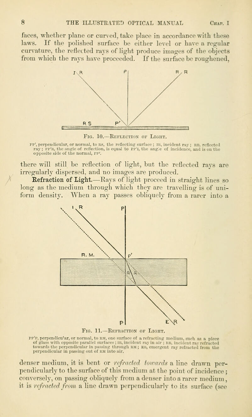 faces, whether plane or curved, take place in accordance with these laws. If the polished surface be either level or have a regular curvature, the reflected rays of light produce images of the objects from which the rays have proceeded. If the surface be roughened, Fig. 10.—Reflection of Light. it', perpendicular, or normal, to its, the reflecting surface ; lit, incident ray ; nil, reflected ray; pp'ii, the angle of reflection, is equal to pp'i, the angle of incidence, and is on the opposite side of the normal, rp'. there will still be reflection of light, but the reflected rays are irregularly dispersed, and no images are produced. Refraction of Light.—Rays of light proceed in straight lines so long as the medium through which they are travelling is of uni- form density. When a ray passes obliquely from a rarer into a \ ' \R p R. M. \ \ p' -V .r\r\ p E\R '** Fig. 11.—Refraction of LionT. rr'r, perpcndicu'ar, or normal, to rm, one surface of a refracting medium, such as a piece of glass wit h opposite parallel surfaces : lb, incident raj in air : its, incident ra\ retracted towards the perpendicular in passing through UM; Ell, emergent ray refracted from the perpendicular in passing out of rm into air. denser medium, it is bent or refracted towards a line drawn per- pendicularly to the surface of this medium at the point of incidence ; conversely, on passing obliquely from a denser into a rarer medium , it is refracted from a line drawn perpendicularly to its surface (see