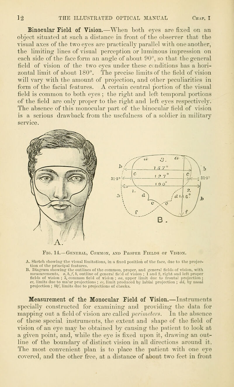 Binocular Field of Vision.—When both eyes are fixed on an object situated at such a distance in front of the observer that the visual axes of the two eyes are practically parallel with oneanotli>r, the limiting lines of visual perception or luminous impression on each side of the face form an angle of about 90°, so that the general field of vision of the two eyes under these conditions has a hori- zontal limit of about 180°. The precise limits of the field of vision will vary with the amount of projection, and other peculiarities in form of the facial features. A certain central portion of the visual field is common to both eyes ; the right and left temporal portions of the field are only proper to the right and left eyes respectively. The absence of this monocular part of the binocular field of vision is a serious drawback from the usefulness of a soldier in military service. Fig. 14.—General, Common, and Proper Fields of Vision. A. Sketch showing the visual limitations, in a fixed position of the face, due to the projec- tion of the principal features. B. Diagram snowing the outlines of the common, proper, ami general fields of vision, with measurements. 0,6,/, b, outline of genera! field of vision : 1 and 2, ri^rht and left proper fields of vision ; 3, common field of vision : mi. upper limit due to frontal projection : cc, limits due to malar projections ; ee, limit produced by labial projection ; dd, by nasal projection ; bb/, limits due to projections of oheeks. Measurement of the Monocular Field of Vision.—Instruments specially constructed for examining and providing the data Imp mapping out a field of vision are called perimeters. In the absence of these special instruments, the extent and shape of the field of vision of an eye may be oblained by causing the patient to look at a given point, and, while the eye is fixed upon it, drawing an out- line of the boundary of distinct vision in all directions around it. The most convenient plan is to place the patient with one eve covered, and the other free, at a distance of about two feet in front