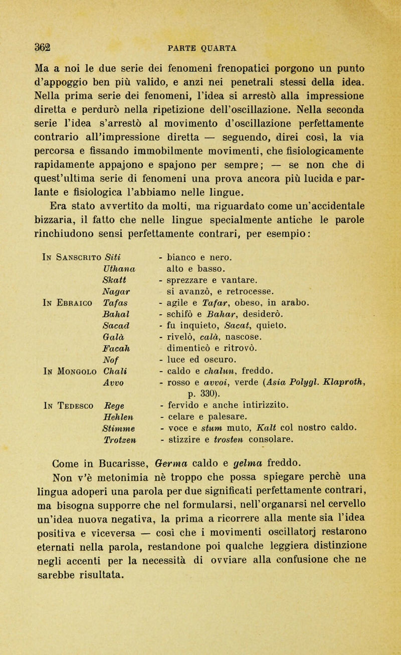 Ma a noi le due serie dei fenomeni frenopatici porgono un punto d'appoggio ben più valido, e anzi nei penetrali stessi della idea. Nella prima serie dei fenomeni, l'idea si arrestò alla impressione diretta e perdurò nella ripetizione dell'oscillazione. Nella seconda serie l'idea s'arrestò al movimento d'oscillazione perfettamente contrario all'impressione diretta — seguendo, direi così, la via percorsa e fissando immobilmente movimenti, che fisiologicamente rapidamente appajono e spajono per sempre; — se non che di quest'ultima serie di fenomeni una prova ancora più lucida e par- lante e fisiologica l'abbiamo nelle lingue. Era stato avvertito da molti, ma riguardato come un'accidentale bizzaria, il fatto che nelle lingue specialmente antiche le parole rinchiudono sensi perfettamente contrari, per esempio : In Sanscrito Siti - bianco e nero. Uthana alto e basso. Skatt - sprezzare e vantare. Nagar si avanzò, e retrocesse. In Ebraico Tafas - agile e Tafar, obeso, in arabo. Bahal - schifò e Bahar, desiderò. Sacad - fu inquieto, Sacat, quieto. Gala - rivelò, cala, nascose. Facah dimenticò e ritrovò. Nof - luce ed oscuro. In Mongolo Chali - caldo e chalun, freddo. Avvo - rosso e avvoi, verde (Asia Polygl. Klaproth, p. 330). In Tedesco Bege - fervido e anche intirizzito. Hehlen - celare e palesare. Stimme - voce e stum muto, Kalt col nostro caldo. Trotsen - stizzire e trosten consolare. Come in Bucarisse, derma caldo e gelma freddo. Non v'è metonimia né troppo che possa spiegare perchè una lingua adoperi una parola per due significati perfettamente contrari, ma bisogna supporre che nel formularsi, nell'organarsi nel cervello un'idea nuova negativa, la prima a ricorrere alla mente sia l'idea positiva e viceversa — così che i movimenti oscillatori restarono eternati nella parola, restandone poi qualche leggiera distinzione negli accenti per la necessità di ovviare alla confusione che ne sarebbe risultata.