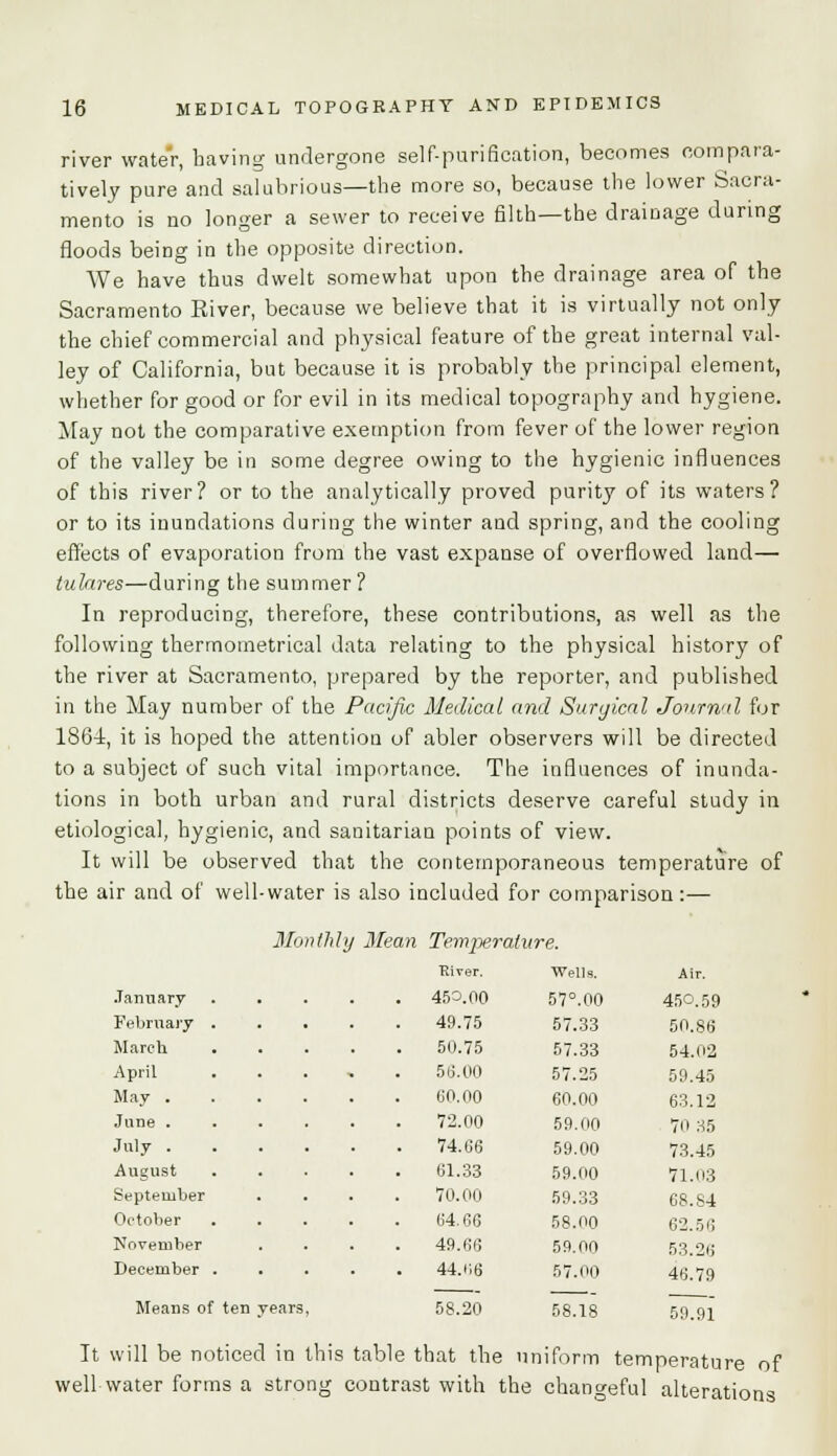 river water, having undergone self-purification, becomes compara- tively pure and salubrious—the more so, because the lower Sacra- mento is no longer a sewer to receive filth—the drainage during floods beiDg in the opposite direction. We have thus dwelt somewhat upon the drainage area of the Sacramento River, because we believe that it is virtually not only the chief commercial and physical feature of the great internal val- ley of California, but because it is probably the principal element, whether for good or for evil in its medical topography and hygiene. May not the comparative exemption from fever of the lower region of the valley be in some degree owing to the hygienic influences of this river? or to the analytically proved purity of its waters? or to its inundations during the winter and spring, and the cooling effects of evaporation from the vast expanse of overflowed land— tulares—during the summer? In reproducing, therefore, these contributions, as well as the following therrnometrical data relating to the physical history of the river at Sacramento, prepared by the reporter, and published in the May number of the Pacific Medical and Surgical Journal for 1864, it is hoped the attention of abler observers will be directed to a subject of such vital importance. The influences of inunda- tions in both urban and rural districts deserve careful study in etiological, hygienic, and sanitarian points of view. It will be observed that the contemporaneous temperature of the air and of well-water is also included for comparison:— Monthly Mean Temperature. January February . March April May . June . July . August September October November December . Means of ten River. Wells. Air. 450.00 57°.00 450.59 49.75 57.33 50.86 50.75 57.33 54.02 56.00 57.25 59.45 60.00 60.00 63.12 72.00 59.00 70 35 74.66 59.00 73.45 61.33 59.00 71.03 70.00 59.33 68.84 64.66 58.00 62.56 49.66 59.00 53.26 44.ii6 57.00 46.79 years, 58.20 58.18 59.91 It will be noticed in this table that the uniform temperature of well-water forms a strong contrast with the changeful alterations