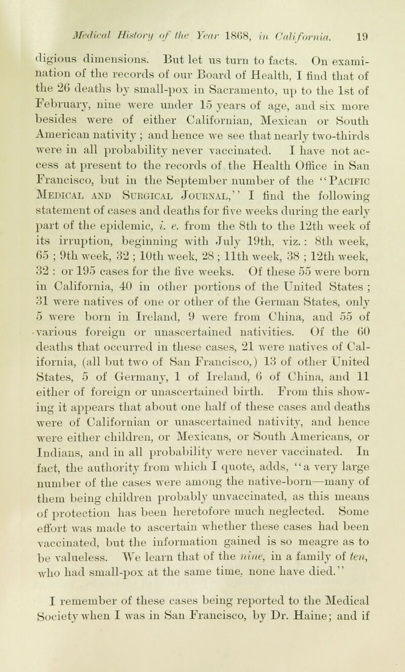 digious dimensions. But let us turn to facts. On exami- nation of the records of our Board of Health, I find that of the 26 deaths by small-pox in Sacramento, up to the 1st of February, nine were under 15 years of age, and six more besides were of either Californian, Mexican or South American nativity ; and hence we see that nearly two-thirds were in all probability never vaccinated. I have not ac- cess at present to the records of the Health Office in San Francisco, but in the September number of the '' Pacific Medical and Surgical Journal, I find the following- statement of cases and deaths for five weeks during the early part of the epidemic, i e. from the 8th to the 12th week of its irruption, beginning with July 19th, viz. : 8th week, 65 ; 9th week, 32 ; 10th week, 28 ; 11th week, 38 ; 12th week, 32 : or 195 cases for the five weeks. Of these 55 were born in California, 40 in other portions of the United States ; 31 were natives of one or other of the German States, only 5 were born in Ireland, 9 were from China, and 55 of various foreign or unascertained nativities. Of the 60 deaths that occurred in these cases, 21 were natives of Cal- ifornia, (all but two of San Francisco,) 13 of other United States, 5 of Germany, 1 of Ireland, 6 of China, and 11 either of foreign or unascertained birth. From this show- ing it appears that about one half of these cases and deaths were of Californian or unascertained nativity, and hence were either children, or Mexicans, or South Americans, or Indians, and in all probability were never vaccinated. In fact, the authority from which I quote, adds, '' a very large number of the cases were among the native-born—many of them being children probably unvaccinated, as this means of protection has been heretofore much neglected. Some effort was made to ascertain whether these cases had been vaccinated, but the information gained is so meagre as to be valueless. We learn that of the nine, in a family of ten, who had small-pox at the same time, none have died. I remember of these cases being reported to the Medical Society when I was in San Francisco, by Dr. Haine; and if