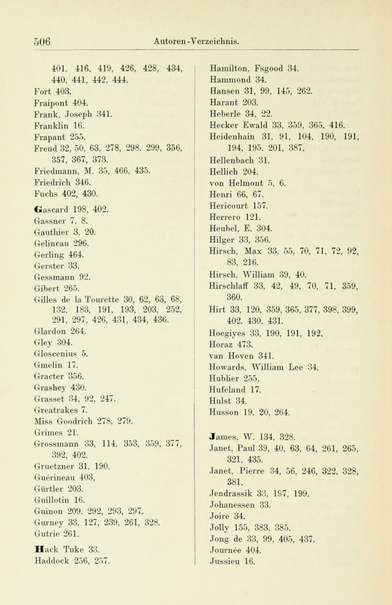 401. 416. 419, 426, 428, 434, 440. 441. 442. 444. Fort 403. Fraipont 404. Frank, Joseph 341. Franklin 16. Frapant 255. Freud 32, 50, 63, 278, 298. 299, 356, 357, 367, 373. Friedmann, M. 35, 466. 435. Friedrich 346. Fuchs 402, 430. Gascard 198, 402. Gassner 7. 8. Gauthier 3. 20. Gelincau 296. Gerling 464. Gerster 33. Gessmann 92. Gibert 265. fiilles de la Tourette 30, 62, 63, 68, 132. 183, 191, 193, 203, 252, 291, 297, 426, 431, 434, 436. Glardon 264. Gley 304. Gloscenius 5. Gmelin 17. Gracter 356. Grashey 430. Grasset 34, 92, 247. Greatrakes 7. Miss Goodrich 278. 279. Grünes 21. Grossmann 33, 114. 353, 359, 377. 392. 402. Gruetzner 31. 190. Guerineau 403. Gürtler 203. Guillotin 16. Guinon 209. 292, 293, 297. Gurney 33, 127, 239, 261, 328. Gutrie 261. Hack Tuke 33. Haddock 256, 257. Hamilton. Fsgood 34. Hammond 34. Hansen 31, 99, 145, 262. Harant 203. Heberle 34, 22. Hecker Ewald 33. 359, 365, 416. Heidenhain 31, 91. 104, 190. 191. 194, 195. 201, 387, Hellenbach 31. Hellich 204. von Helmont 5. 6. Henri 66, 67. Hericourt 157. Herrero 121. Heubel, E. 304. Hilger 33, 356. Hirsch. Max 33. 55. 70. 71. 72, 92, 83, 216. Hirsch. William 39, 40. Hirschlaff 33, 42, 49, 70, 71, 359, 360. Hirt 33. 120, 359, 365, 377, 398, 399, 402. 430, 431. Hoegiyes 33, 190, 191, 192. Horaz 473. van Hoven 341. Howards, William Lee 34. Hublier 255, Hufeland 17. Hülst 34. Husson 19. 20, 264. James. W. 134, 328. Janet, Paul 39, 40, 63, 64, 261, 265, 321, 435. Janet, Pierre 34, 56, 246, 322, 328, 381. Jendrassik 33, 197, 199. Johanessen 33. Joire 34. Jolly 155, 383, 385. Jong de 33, 99, 405, 437. Journee 404. Jussieu 16.