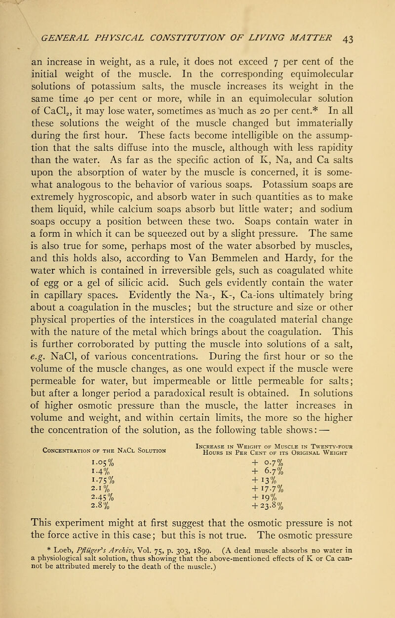 an increase in weight, as a rule, it does not exceed 7 per cent of the initial weight of the muscle. In the corresponding equimolecular solutions of potassium salts, the muscle increases its weight in the same time 40 per cent or more, while in an equimolecular solution of CaCl2, it may lose water, sometimes as much as 20 per cent.* In all these solutions the weight of the muscle changed but immaterially during the first hour. These facts become intelligible on the assump- tion that the salts diffuse into the muscle, although with less rapidity than the water. As far as the specific action of K, Na, and Ca salts upon the absorption of water by the muscle is concerned, it is some- what analogous to the behavior of various soaps. Potassium soaps are extremely hygroscopic, and absorb water in such quantities as to make them liquid, while calcium soaps absorb but little water; and sodium soaps occupy a position between these two. Soaps contain water in a form in which it can be squeezed out by a slight pressure. The same is also true for some, perhaps most of the water absorbed by muscles, and this holds also, according to Van Bemmelen and Hardy, for the water which is contained in irreversible gels, such as coagulated white of egg or a gel of silicic acid. Such gels evidently contain the water in capillary spaces. Evidently the Na-, K-, Ca-ions ultimately bring about a coagulation in the muscles; but the structure and size or other physical properties of the interstices in the coagulated material change with the nature of the metal which brings about the coagulation. This is further corroborated by putting the muscle into solutions of a salt, e.g. NaCl, of various concentrations. During the first hour or so the volume of the muscle changes, as one would expect if the muscle were permeable for water, but impermeable or little permeable for salts; but after a longer period a paradoxical result is obtained. In solutions of higher osmotic pressure than the muscle, the latter increases in volume and weight, and within certain limits, the more so the higher the concentration of the solution, as the following table shows: — _ _T _ „ Increase in Weight of Muscle in Twenty-four Concentration of the NaCl Solution Hours in Per Cent of its Original Weight 1-05% + 0.7% 1-4% + 6.7% i-75% +13% 2-1% +17-7% 2.45% +19% 2.8% +23.8% This experiment might at first suggest that the osmotic pressure is not the force active in this case; but this is not true. The osmotic pressure * Loeb, Pfliiger's Archiv, Vol. 75, p. 303, 1899. (A dead muscle absorbs no water in a physiological salt solution, thus showing that the above-mentioned effects of K or Ca can- not be attributed merely to the death of the muscle.)
