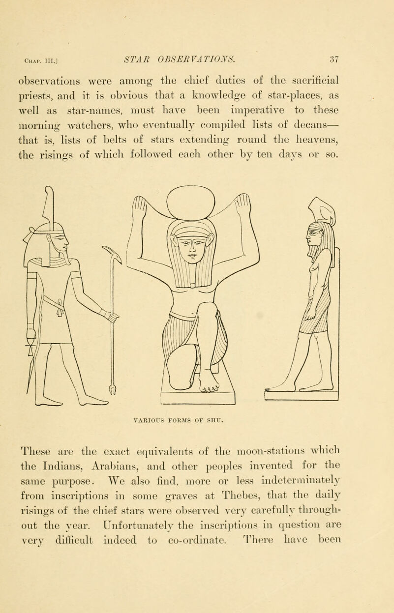 observations were among the chief duties of the sacrificial priests, and it is obvious that a knowledge of star-places, as well as star-names, must have been imperative to these morning watchers, who eventuall}^ compiled lists of decans— that is, lists of belts of stars extending round the heavens, the risings of which followed each other by ten days or so. VARIOUS FORMS OF SHU. These are the exact equivalents of the moon-stations which the Indians, Arabians, and other peoples invented for the same purpose. We also find, more or less indeterminately from inscriptions in some graves at Thebes, that the dail}^ risings of the cliief stars were observed very carefully through- out the year. Unfortunately the inscriptions in question are very difficult indeed to co-ordinate. There have been