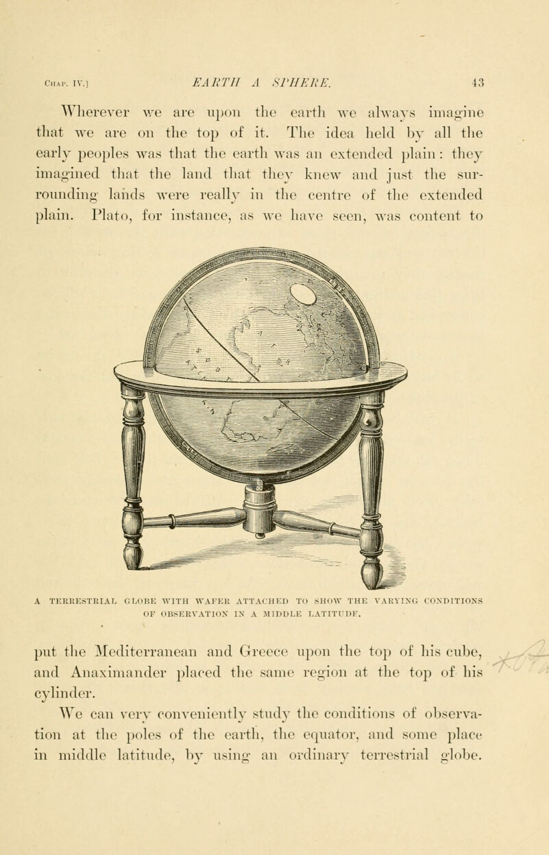Wherever we are upon the eartli we ahvays imagine that we are on the top of it. Tlie idea hekl by all the early peoples was that the earth was an extended plain: they imagined that the land that they knew and just the sur- romiding laiids were really in the centre of the extended plain. Plato, for instance, as we have seen, was content to A TERRESTRIAL GLOBE WITH WAFER ATTACHED TO SHOW THE VARYING CONDITIONS OF OBSERVATION IN A MIDDLE LATITUDE. put the Mediterranean and Greece upon the top of his cube, and Anaximander placed the same region at the top of his cylinder. We can verv conveniently study the conditions of observa- tion at the poles of the earth, the equator, and some place in middle latitude, by using an ordinary terrestrial globe.