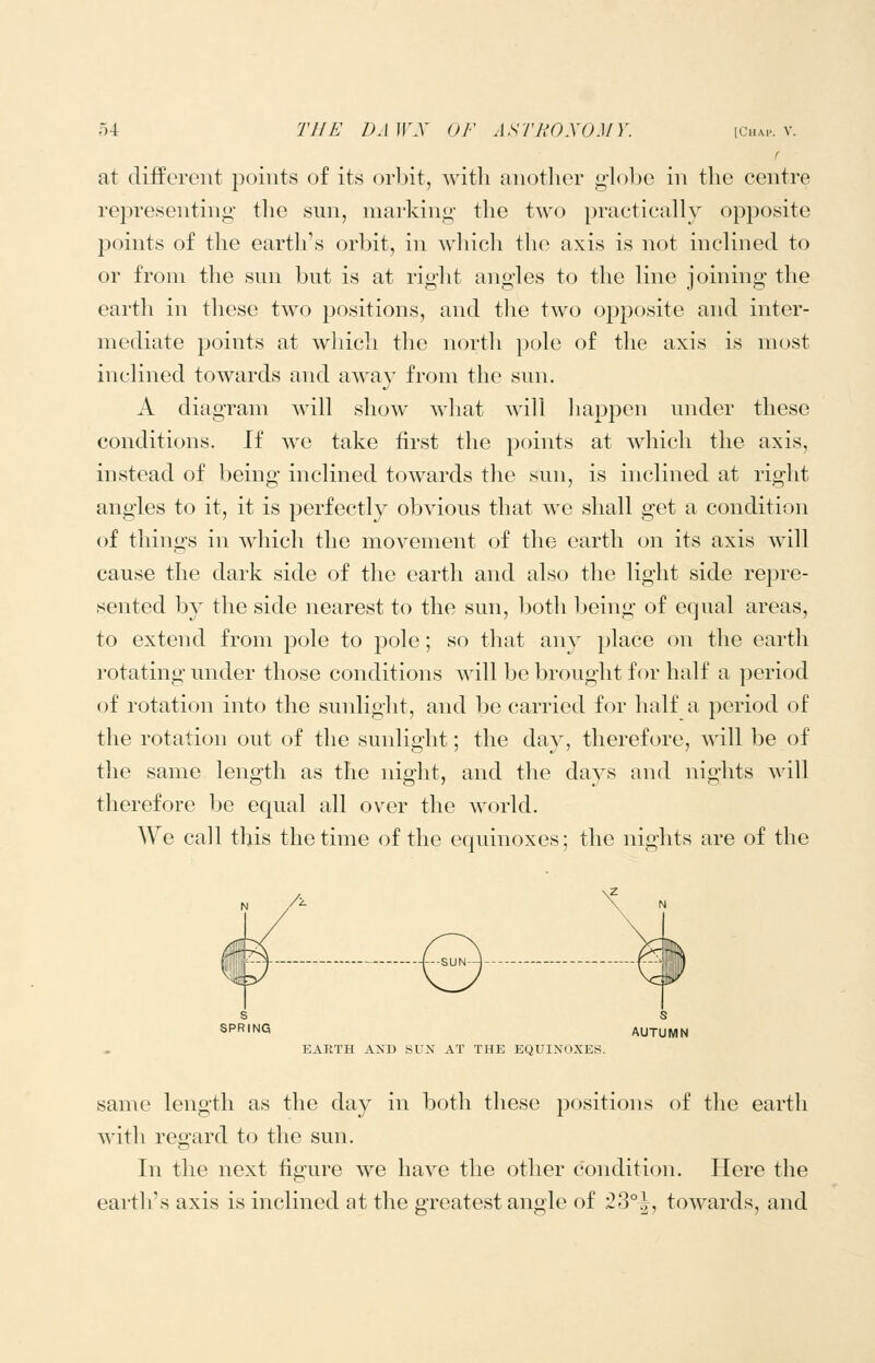 at different points of its orbit, with another gh)be in the centre representing' tlie sun, mai'king the two practically opposite points of the earth's orbit, in which the axis is not inclined to or from the sun but is at right ang-les to the line joining- the earth in these two positions, and the two opposite and inter- mediate points at which the north pole of the axis is most inclined towards and away from the sun. A diagram will show what will liappen under these conditions. If Ave take first the points at which the axis, instead of being inclined towards the sun, is inclined at right angles to it, it is perfectly obvious that we shall get a condition of things in which the movement of the earth on its axis will cause the dark side of the earth and also the light side repre- sented by the side nearest to the sun, l^oth being of equal areas, to extend from pole to pole; so that any place on the earth rotating under those conditions will be brought for half a period of rotation into the sunlight, and be carried for half a period of the rotation out of the sunlight; the day, therefore, will be of the same length as the night, and the days and nights will therefore be equal all over the world. We call tljis the time of the equinoxes; the nights are of the AUTUMN EARTH AND SUX AT THE EQUINOXES. same length as the day in both these positions of the earth with regard to the sun. In the next figure we have the other condition. Here the earth's axis is inclined at the greatest angle of 23°^, towards, and