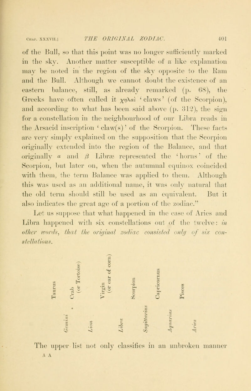 of the Bull, so that this point was no longer sufficiently marked in the sky. Another matter susceptible of a like explanation may be noted in the region of the sky opposite to the Ram and the l^ull. Although we cannot doubt the existence of an eastern balance, still, as already remarked (p. Q^), the Greeks have often called it %'»?Xat ' claws' (of the Scorpion), and according to what has been said aboye (j). -^12), the sign for a constellation in the neighbourhood of our Lil)ra reads in the Arsacid inscription ' claw(s)' of the Scorpion. These facts are yery simply explained on the supposition that the Scorpion originally extended into the region of the Balance, and that originally a, and /3 Lil^r^ represented the ' horns' of the Scorpion, but later on, when the autumnal equinox coincided with them, the term Balance was applied to them. Although this was used as an additional name, it was only natural that the old term should still be used as an equiyalent. But it also indicates the great age of a portion of the zodiac. Let us suppose that what happened in the case of Aries and Libra happened with six constellations out of the twelye: in other words, that the orir/inal zodiac consisted only of six con- stellations. o H t/D o H Q > CC O PM The upper list not only classifies in an unbroken manner A A