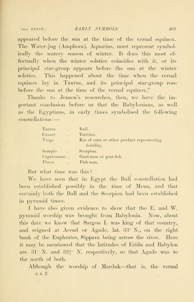 appeared before the sun at the time of the vernal equinox. The Water-jug (Amphora), Aquarius, must represent symbol- ically the watery season of winter. It does this most ef- fectually when the winter solstice coincides with it, or its principal star-group appears before the sun at the winter solstice. This happened about the time when the vernal equinox lay in Taurus, and its principal star-group rose before the sun at the time of the vernal equinox. Thanks to Jensen's researches, then, we have the im- portant conclusion before us that the Babylonians, as well as the Egyptians, in early times symbolised the following- constellations :— Taurus Bull. Cancer Tortoise. Virgo Ear of corn or other product representing fertility. Scorpio Scorpion. Capricornus... Goat-man or goat-fisli. Pisces Fish-man. But ^\\\'<xi time was this ? We have seen that in Egypt the Bull constellation had been established possibly in the time of Mena, and that certainly both the Bull and the Scorpion had been established in pyramid times. I have also given evidence to show that the E. and W. pyramid worship) was l)rought from Babylonia. Now, about this date we know that Sargon I. was king of that country, and reigned at Accad or Agade, lat. 33° N., on the right bank of the Euphrates, Sippara being across the river. Here it may be mentioned that the latitudes of Eridu and Babylon are 31° X. and 32i° X. respectively, so that Agade was to the north of both. Although the worship of Marduk—that is, the vernal A A 2