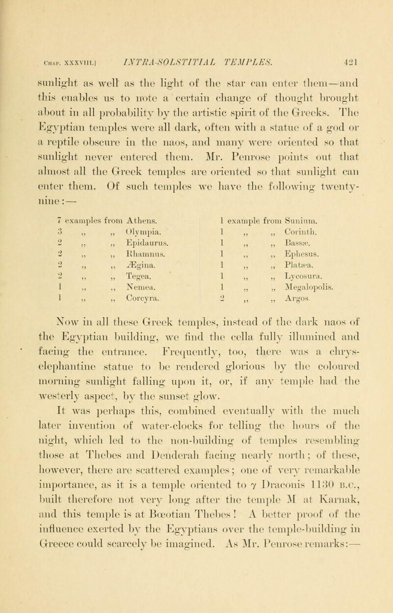simlig'lit as well as the light of the star can enter them—and this enables us to note a certain change of thought brought about in all })robability l)y the artistic spirit of the Greeks. The Kgyptian temples were all dark, often with a statue of a god or a reptile obscure in the naos, and many were oriented so that sunlight never entered them. Mr. Penrose points out that almost all the Greek temples are oriented so that sunlight can enter them. Of such temples we have the following twenty- nine : — 7 examples from Athens. example from I Sunium. 3 Olympia. )) Corinth. 2 Epidaurus. 11 Bassa?. 2 Rhamnus. 11 Ephesus. 2 ^o-ina. 11 Platiea. 2 Tegea. 11 Lycosura. 1 Nemea. 11 Megalopolis. 1 Corey ra. 2 11 Argos. Now in all these Greek temples, instead of the dark naos of the Egyptian building, Ave find the cella fully illumined and facing the entrance. Frequently, too, there was a chrys- elephantine statue to be rendered glorious by the coloured morning sunlight falling upon it, or, if any temple had the westerly aspect, by the sunset glow. It was perhaps this, combined eventually vd\\\ the much later invention of water-clocks for telling the hours of the night, which led to the non-building of temples resembling those at Thebes and Denderah facing nearly north; of these, however, there are scattered examples; one of very remarkable importance, as it is a temple oriented to 7 Draconis ll;]!) d.c, built therefore not very long after the temple M at Karnak, and this temple is at Boeotian Thebes ! X better proof of the influence exerted by the Egyptians over the temple-building in Greece could scarcely be imagined. As Mr. Penrose remarks: —