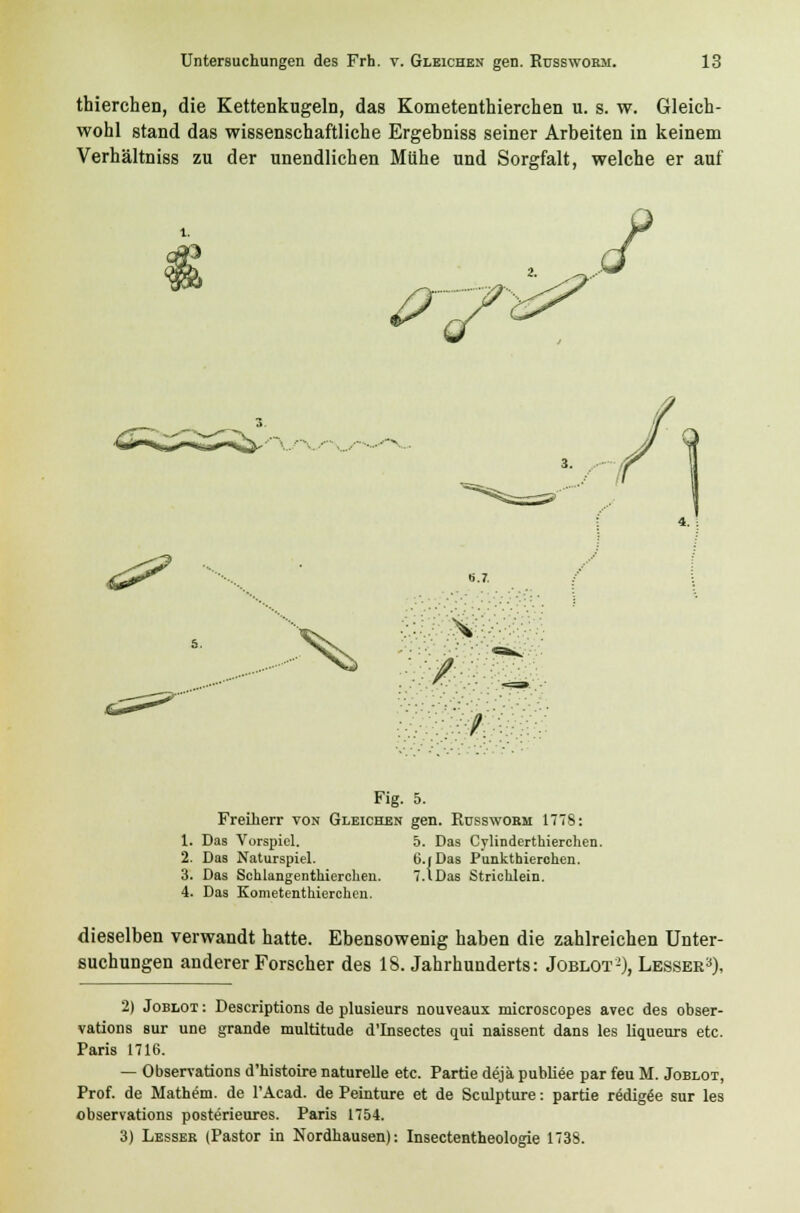 thierchen, die Kettenkugeln, das Kometenthierchen u. s. w. Gleich- wohl stand das wissenschaftliche Ergebniss seiner Arbeiten in keinem Verhältniss zu der unendlichen Mühe und Sorgfalt, welche er auf X Fig. 5. Freiherr von Gleichen gen. Russwobm 1778: 1. Das Vorspiel. 5. Das Cylinderthierchen. 2. Das Naturspiel. 6-iDas Punkthierohen. 3. Das Schlangenthierchen. 7.1 Das Strichlein. 4. Das Kometenthierchen. dieselben verwandt hatte. Ebensowenig haben die zahlreichen Unter- suchungen anderer Forscher des 18. Jahrhunderts: Joblot-), Lesser3), 2) Joblot : Descriptions de plusieurs nouveaux microscopes avec des obser- vations sur une grande multitude d'Insectes qui naissent dans les liqueurs etc. Paris 1716. — Observations d'histoire naturelle etc. Partie dejä publiee par feu M. Joblot, Prof. de Mathem. de l'Acad. de Peinture et de Sculpture: partie r^digge sur les observations posterieures. Paris 1754. 3) Lesser (Pastor in Nordhausen): Insectentheologie 1738.