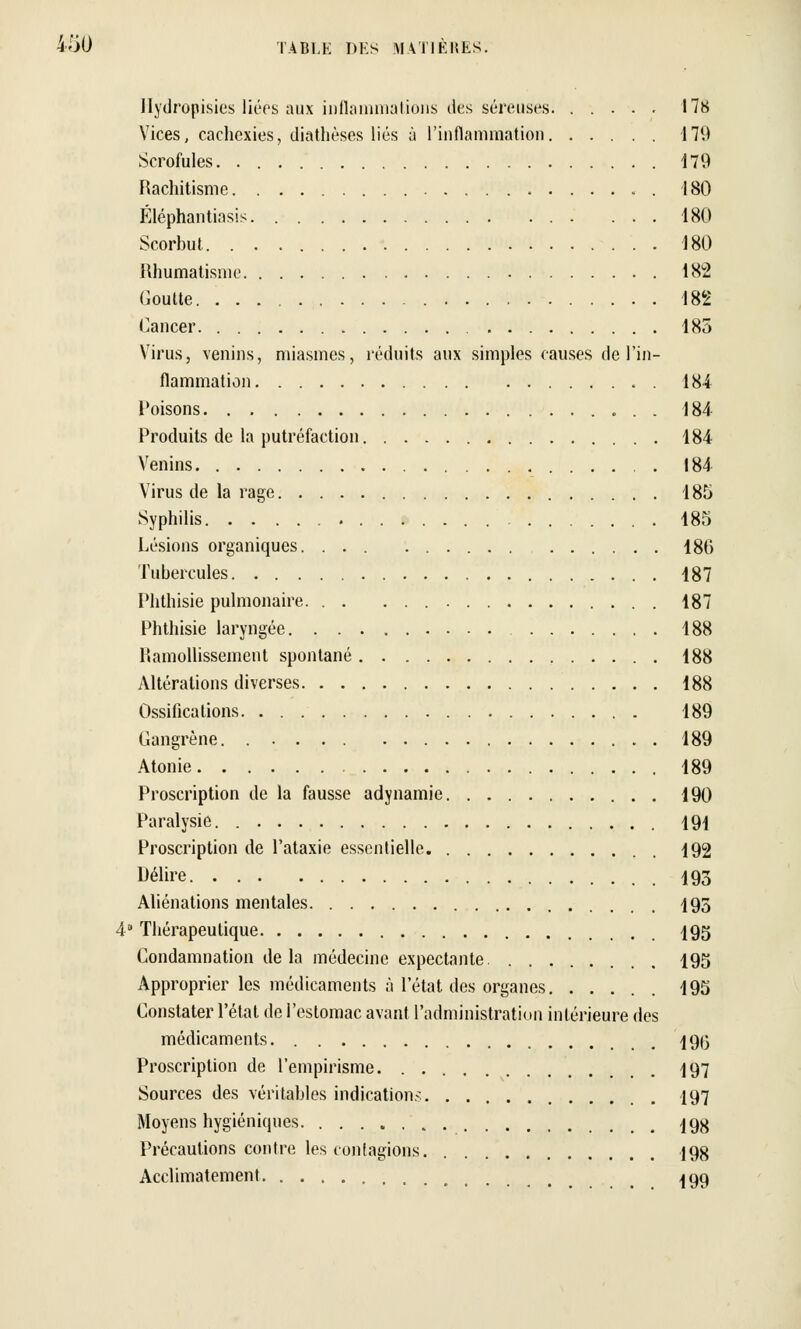Hydropisies liées aux inflammations îles séreuses. ..... 178 Vices, cachexies, diathèses liés à l'inflammation 179 Scrofules. 179 Rachitisme 180 Éléphantiasis - ... 180 Scorbut 180 Rhumatisme 182 Goutte 182 Cancer 185 Virus, venins, miasmes, réduits aux simples causes de l'in- flammation . . 184 Poisons 184 Produits de la putréfaction 184 Venins . 184 Virus de la rage 185 Syphilis 185 Lésions organiques 186 Tubercules 187 Phthisie pulmonaire 187 Phthisie laryngée 188 Ramollissement spontané 188 Altérations diverses 188 Ossifications 189 Gangrène. 189 Atonie 189 Proscription de la fausse adynamie 190 Paralysie. 191 Proscription de l'ataxie essentielle 192 Mire 193 Aliénations mentales 195 4 Thérapeutique 195 Condamnation delà médecine expectante. 195 Approprier les médicaments à l'état des organes 195 Constater l'état de l'estomac avant l'administration intérieure des médicaments 195 Proscription de l'empirisme 197 Sources des véritables indications 197 Moyens hygiéniques. 198 Précautions contre les contagions 198 Acclimatement ^go,