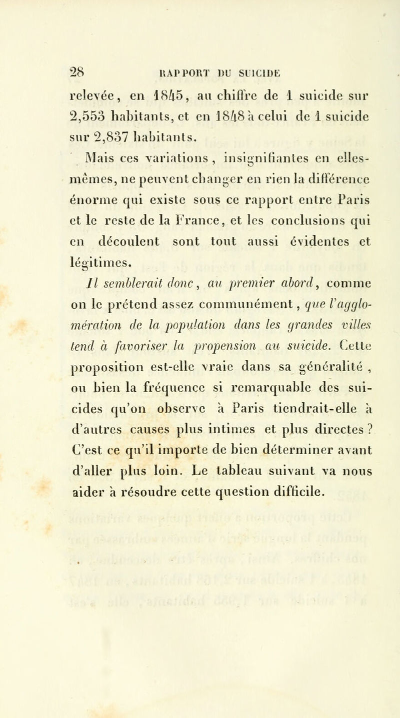 relevée, en 1845, au chiffre de 1 suicide sur 2,55o habitants, et en 1848 a celui de 1 suicide sur 2,837 habitants. Mais ces variations, insignifiantes en elles- mêmes, ne peuvent changer en rien la différence énorme qui existe sous ce rapport entre Paris et le reste de la France, et les conclusions qui en découlent sont tout aussi évidentes et légitimes. // semblerait donc, au premier abord, comme on le prétend assez communément, que l'agglo- mération de la population dans les grandes villes tend à favoriser la propension au suicide. Cette proposition est-elle vraie dans sa généralité , ou bien la fréquence si remarquable des sui- cides qu'on observe a Paris tiendrait-elle a d'autres causes plus intimes et plus directes ? C'est ce qu'il importe de bien déterminer avant d'aller plus loin. Le tableau suivant va nous aider à résoudre cette question difficile.