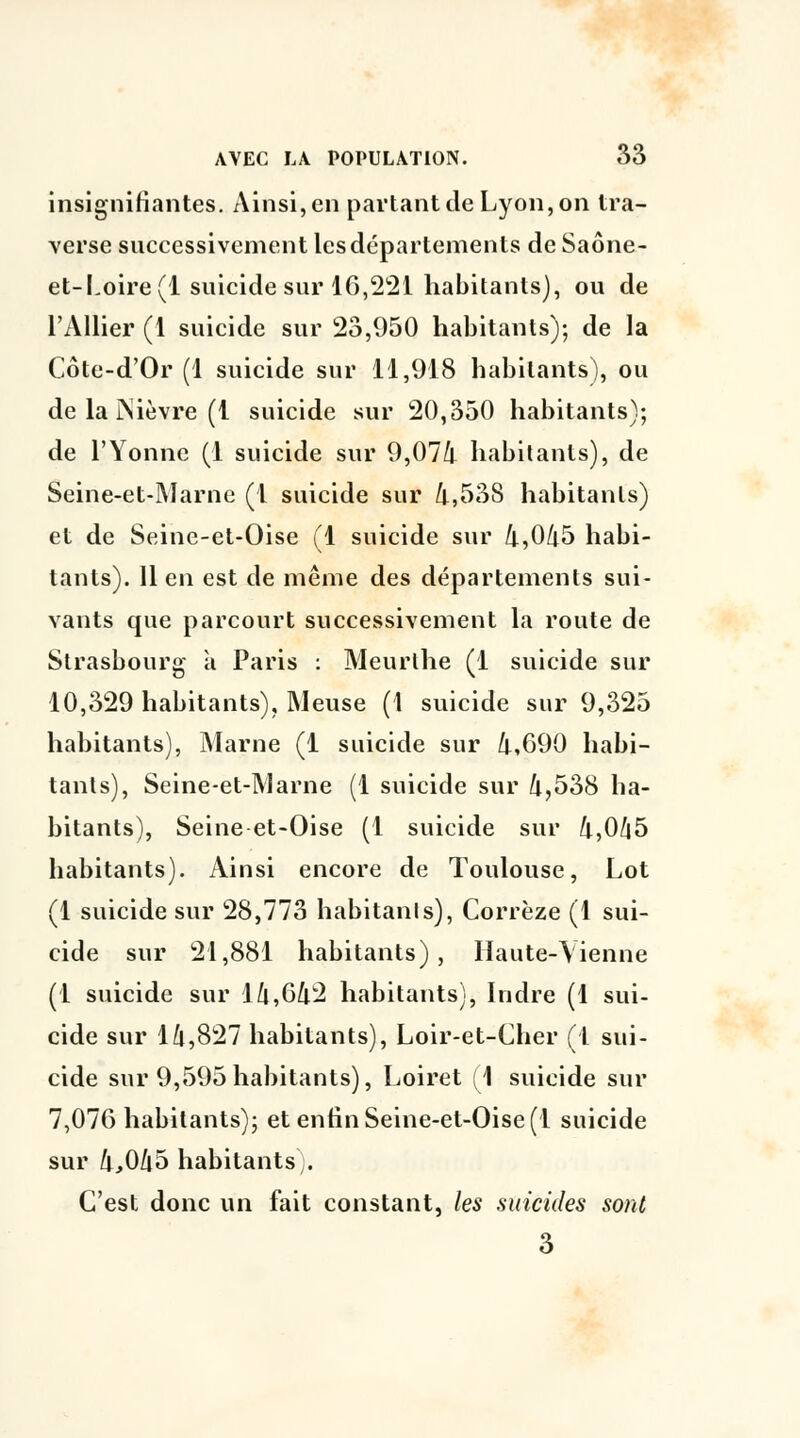 insignifiantes. Ainsi, en partant de Lyon, on tra- verse successivement les départements de Saône- et-l.oire(l suicide sur 16,221 habitants), ou de l'Allier (1 suicide sur 23,950 habitants); de la Côte-d'Or (1 suicide sur 11,918 habitants), ou de la ÎNièvre (1 suicide sur 20,350 habitants); de l'Yonne (1 suicide sur 9,074 habitants), de Seine-et-Marne (1 suicide sur 4,53S habitants) et de Seine-et-Oise (1 suicide sur 4,045 habi- tants). 11 en est de même des départements sui- vants que parcourt successivement la route de Strasbourg a Paris : Meurlhe (1 suicide sur 10,329 habitants), Meuse (1 suicide sur 9,325 habitants), Marne (1 suicide sur 4,690 habi- tants), Seine-et-Marne (1 suicide sur Zi,538 ha- bitants), Seine et-Oise (1 suicide sur 4,0/|5 habitants). Ainsi encore de Toulouse, Lot (1 suicide sur 28,773 habitants), Corrèze (1 sui- cide sur 21,881 habitants), Haute-Vienne (1 suicide sur 14,642 habitants), Indre (1 sui- cide sur 14,827 habitants), Loir-et-Cher (I sui- cide sur 9,595habitants), Loiret (1 suicide sur 7,076 habitants); et enfin Seine-et-Oise (1 suicide sur 4,045 habitants). C'est donc un fait constant, les suicides sont 3