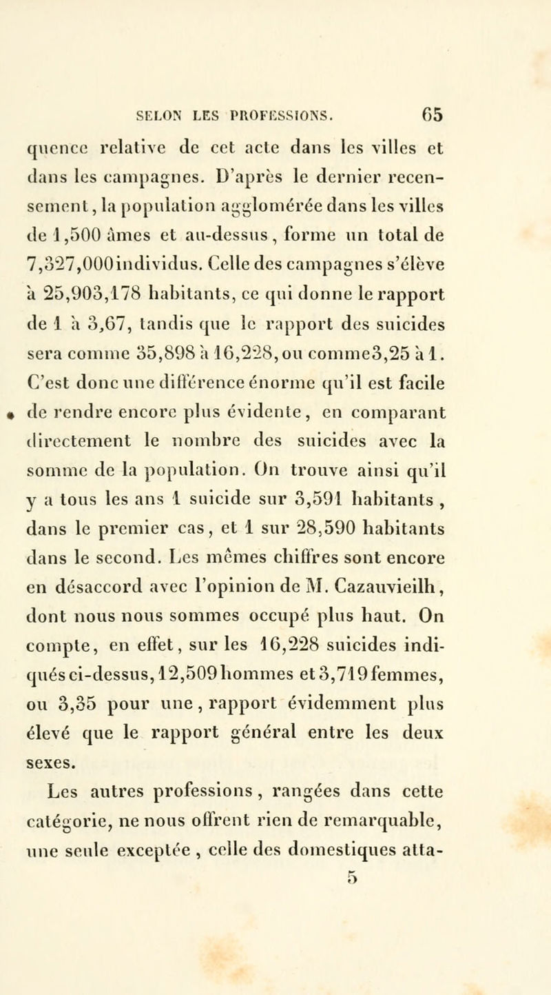 quence relative de cet acte dans les villes et dans les campagnes. D'après le dernier recen- sement, la population agglomérée dans les villes de 1,500 âmes et au-dessus, forme un total de 7,327,000iiidividus. Celle des campagnes s'élève a 25,903,178 habitants, ce qui donne le rapport de 1 a 3,67, tandis que le rapport des suicides sera comme 35,898 a 16,2*28, ou comme3,25 à 1. C'est donc une différence énorme qu'il est facile de rendre encore plus évidente, en comparant directement le nombre des suicides avec la somme de la population. On trouve ainsi qu'il y a tous les ans 1 suicide sur 3,591 habitants , dans le premier cas, et 1 sur 28,590 habitants dans le second. Les mêmes chiffres sont encore en désaccord avec l'opinion de M. Cazauvieilh, dont nous nous sommes occupé plus haut. On compte, en effet, sur les 16,228 suicides indi- qués ci-dessus, 12,509 hommes et 3,719 femmes, ou 3,35 pour une, rapport évidemment plus élevé que le rapport général entre les deux sexes. Les autres professions , rangées dans cette catégorie, ne nous offrent rien de remarquable, une seule exceptée , celle des domestiques atta- 5